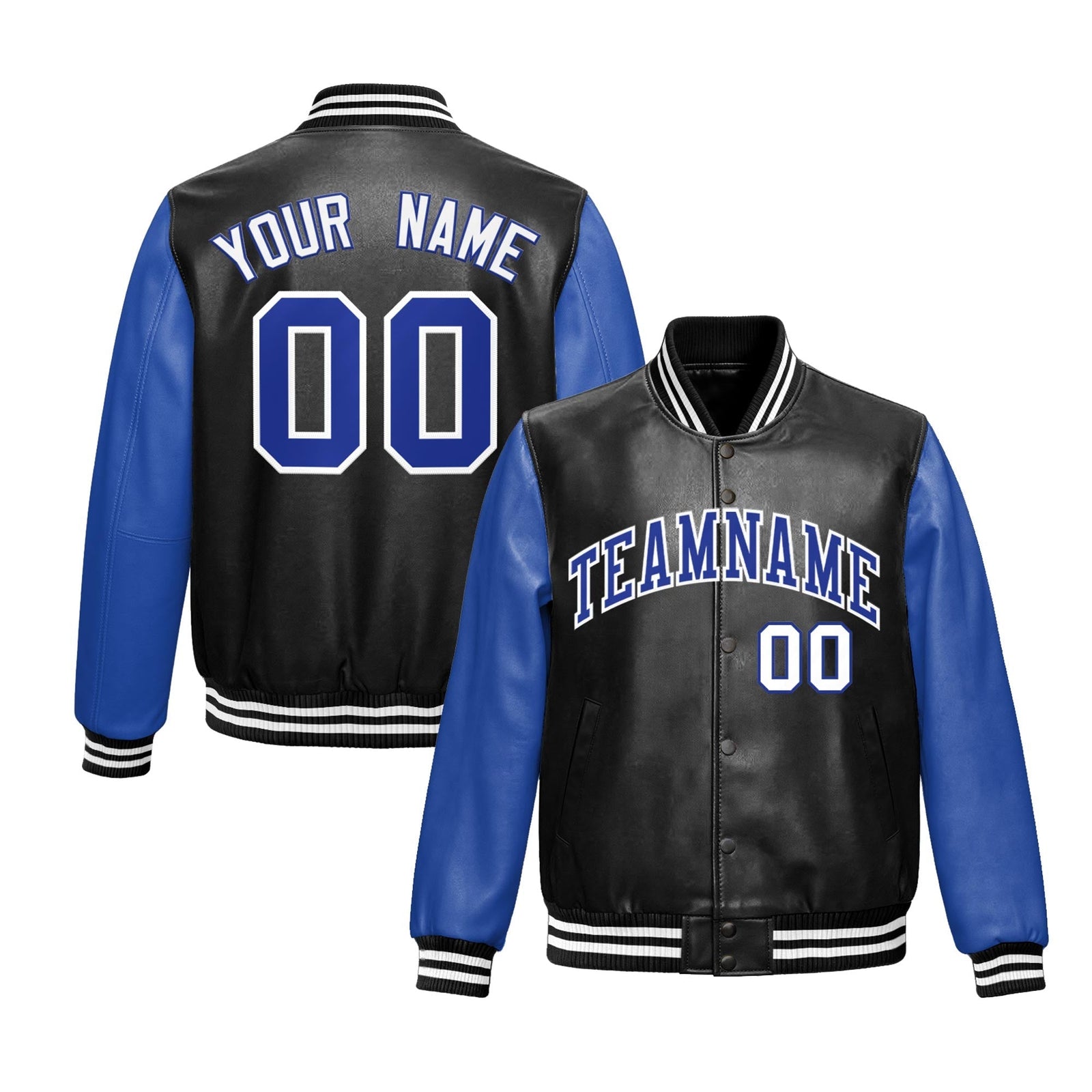 Custom Black Royal Blue Raglan Sleeves Full-Snap Varsity Faux Leather Letterman Jacket