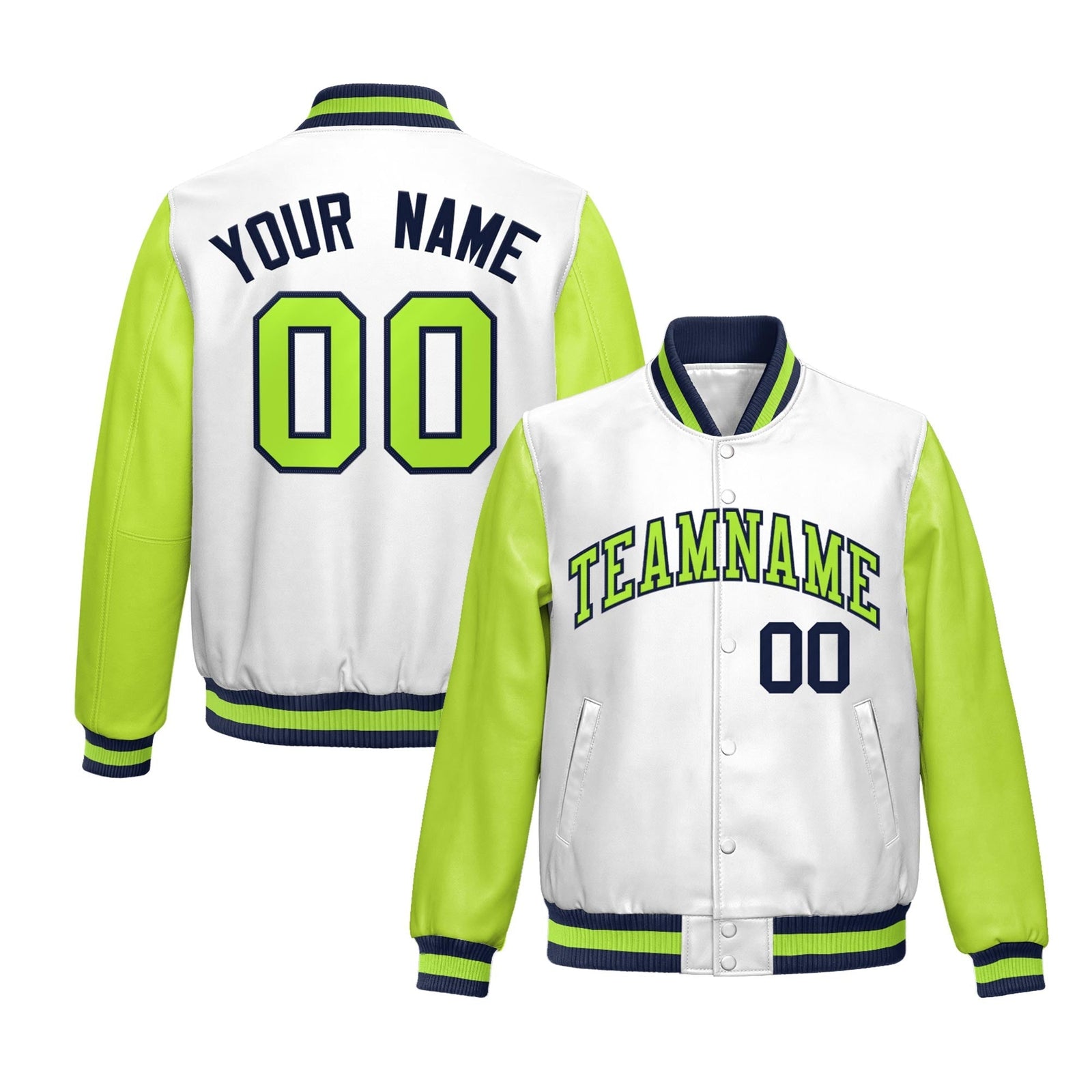 Custom White Neon Green Raglan Sleeves Full-Snap Varsity Faux Leather Letterman Jacket