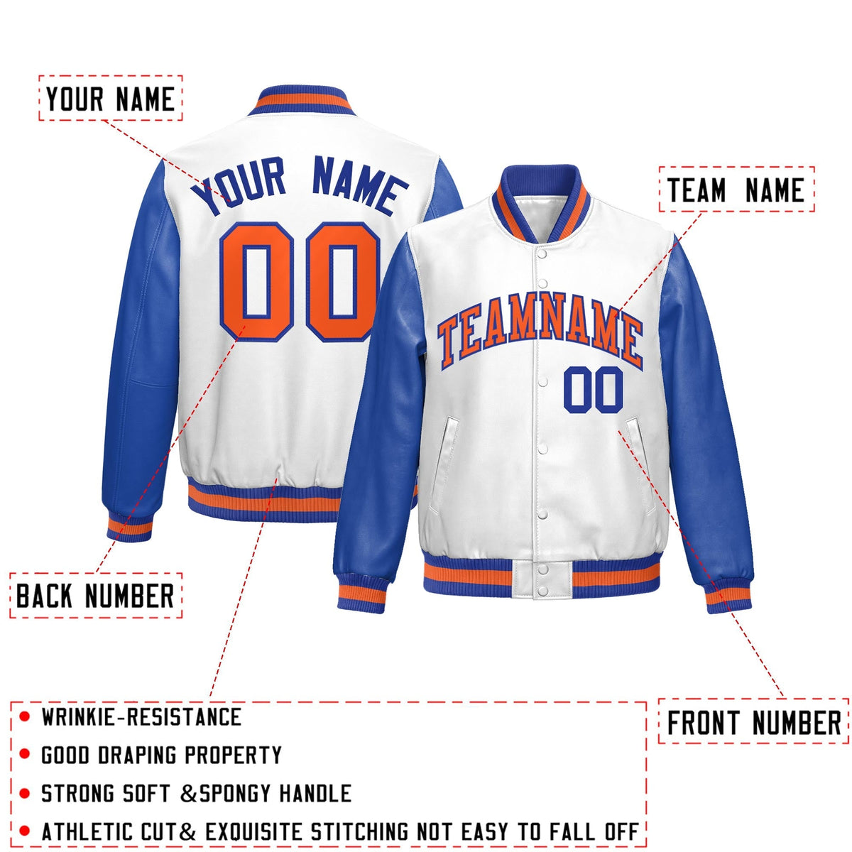 Custom White Royal Blue Raglan Sleeves Full-Snap Varsity Faux Leather Letterman Jacket