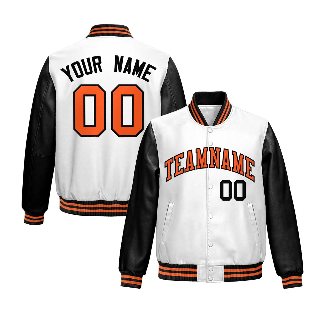 Custom White Black Raglan Sleeves Full-Snap Varsity Faux Leather Letterman Jacket