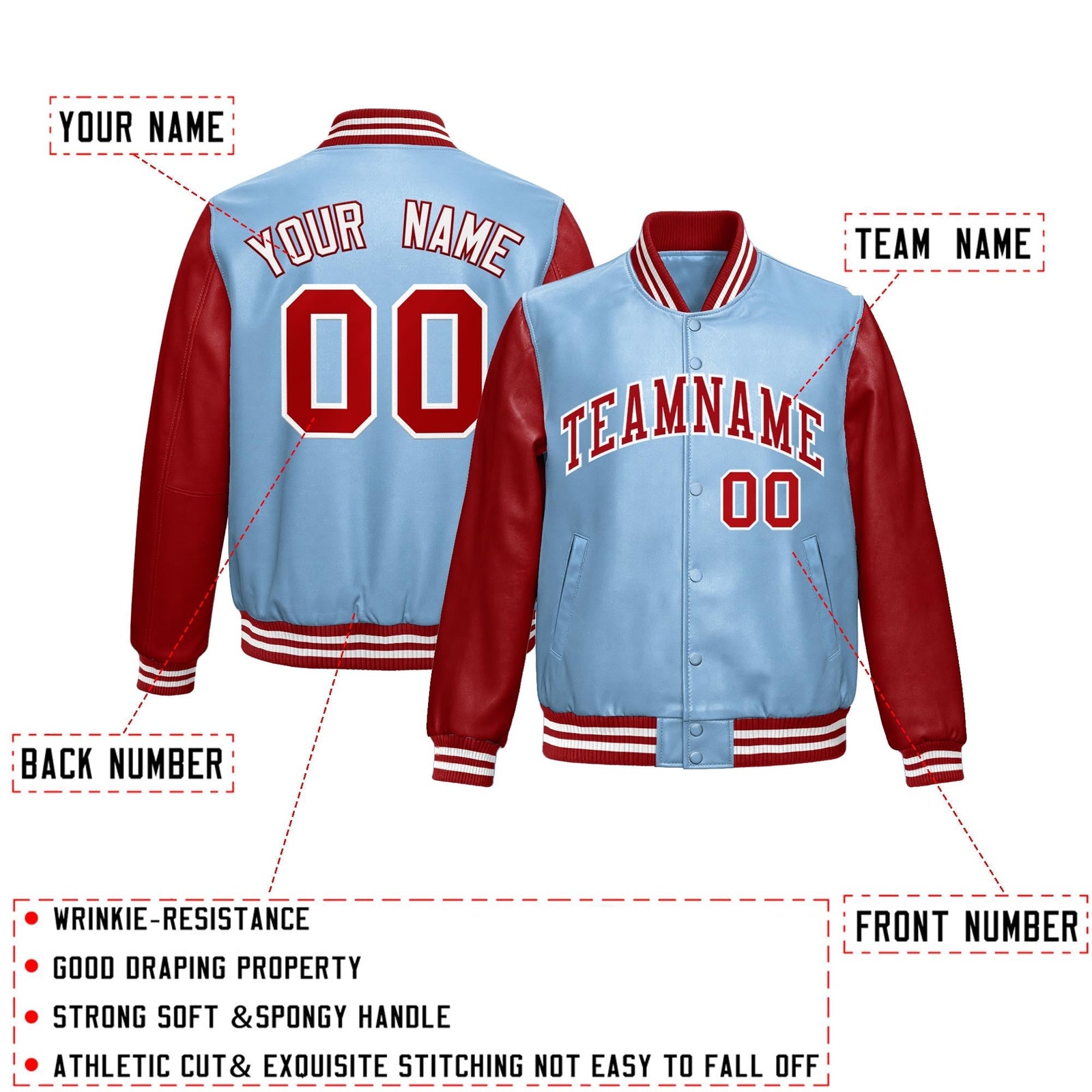Custom Powder Blue Red Raglan Sleeves Full-Snap Varsity Faux Leather Letterman Jacket