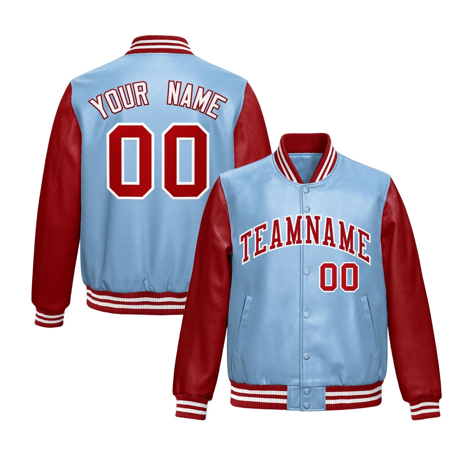 Custom Powder Blue Red Raglan Sleeves Full-Snap Varsity Faux Leather Letterman Jacket