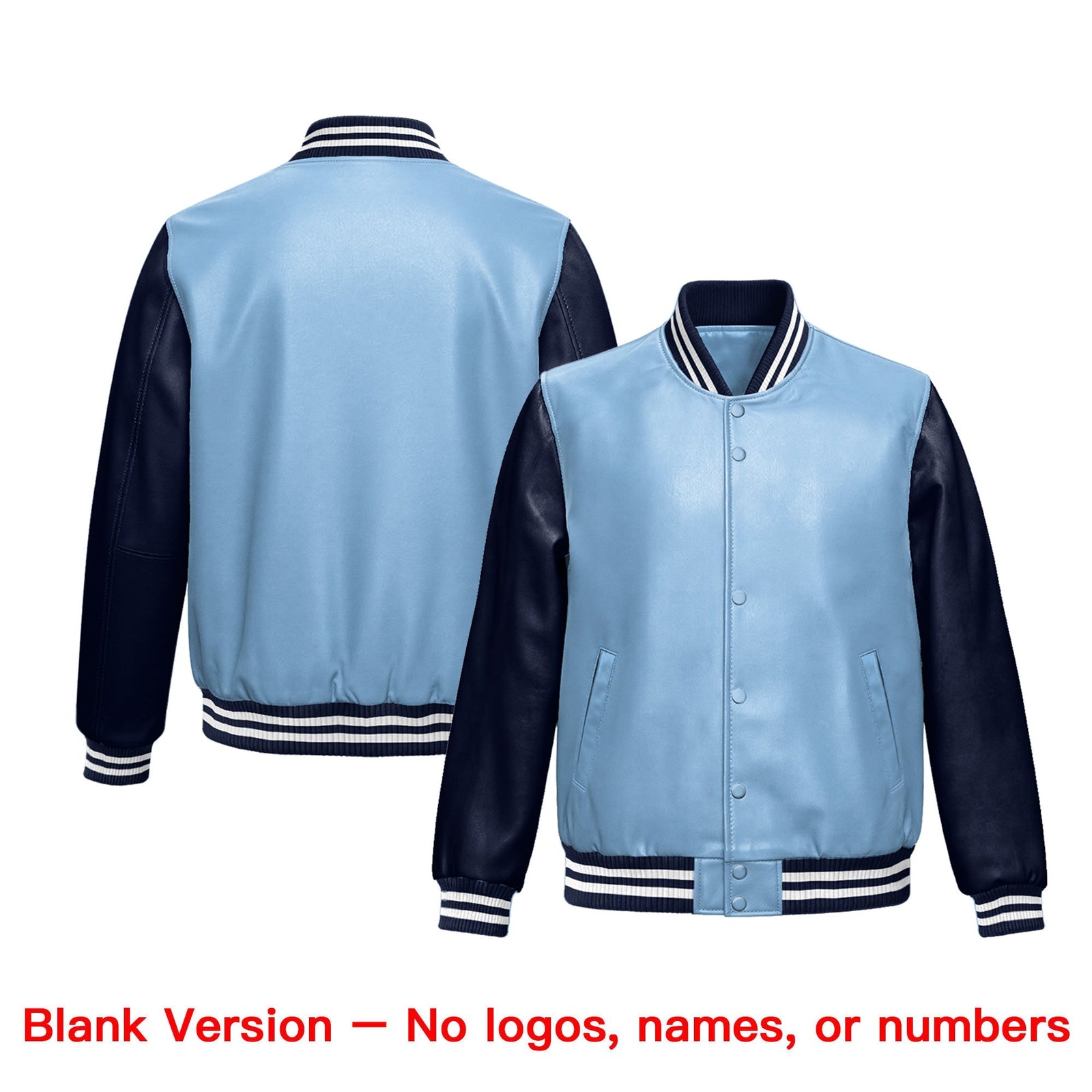 Custom Powder Blue Navy Raglan Sleeves Full-Snap Varsity Faux Leather Letterman Jacket