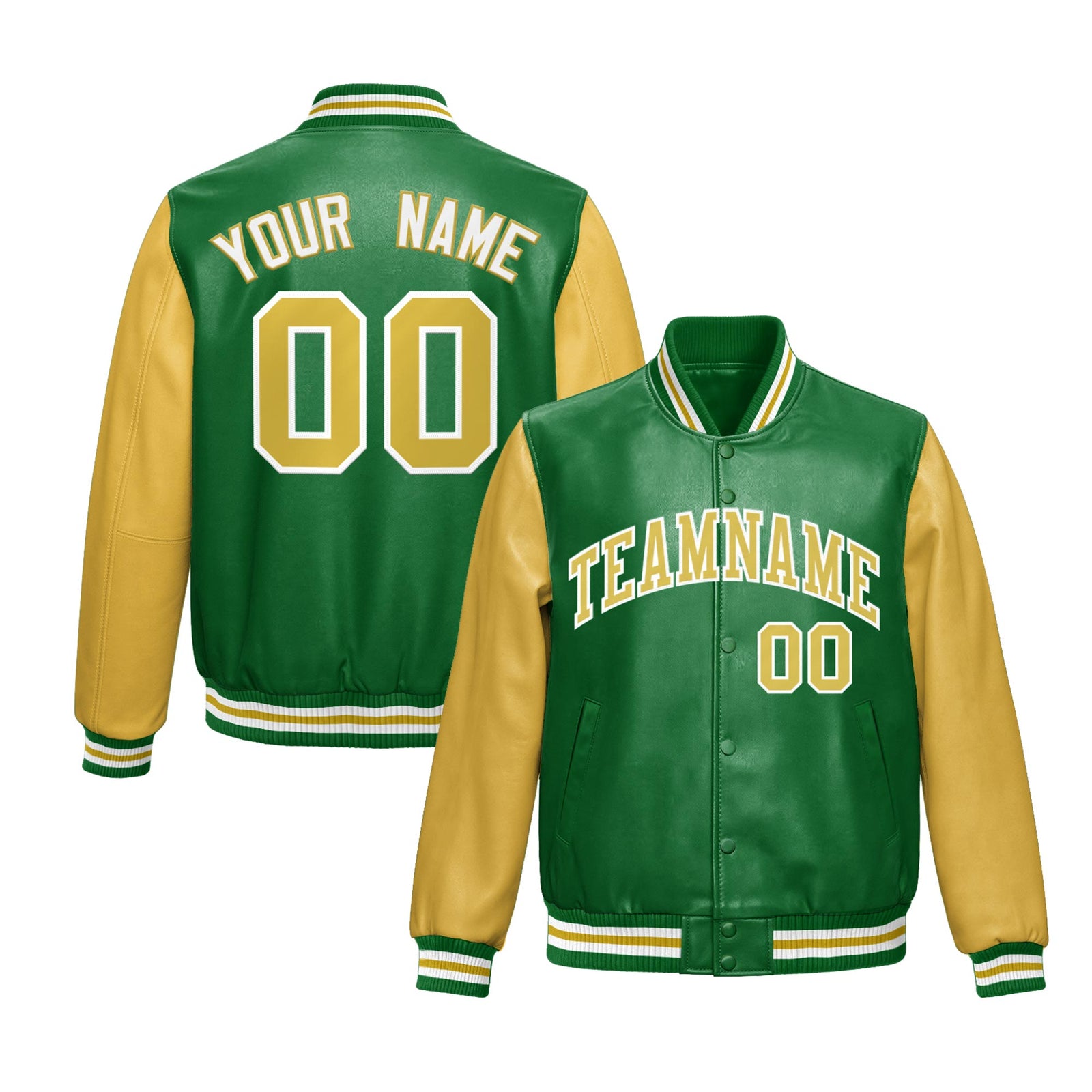 Custom Kelly Green Khaki Raglan Sleeves Full-Snap Varsity Faux Leather Letterman Jacket