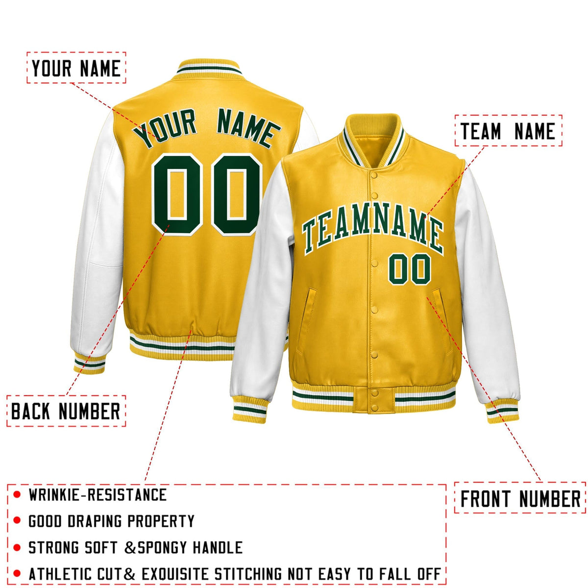 Custom Yellow White Raglan Sleeves Full-Snap Varsity Faux Leather Letterman Jacket