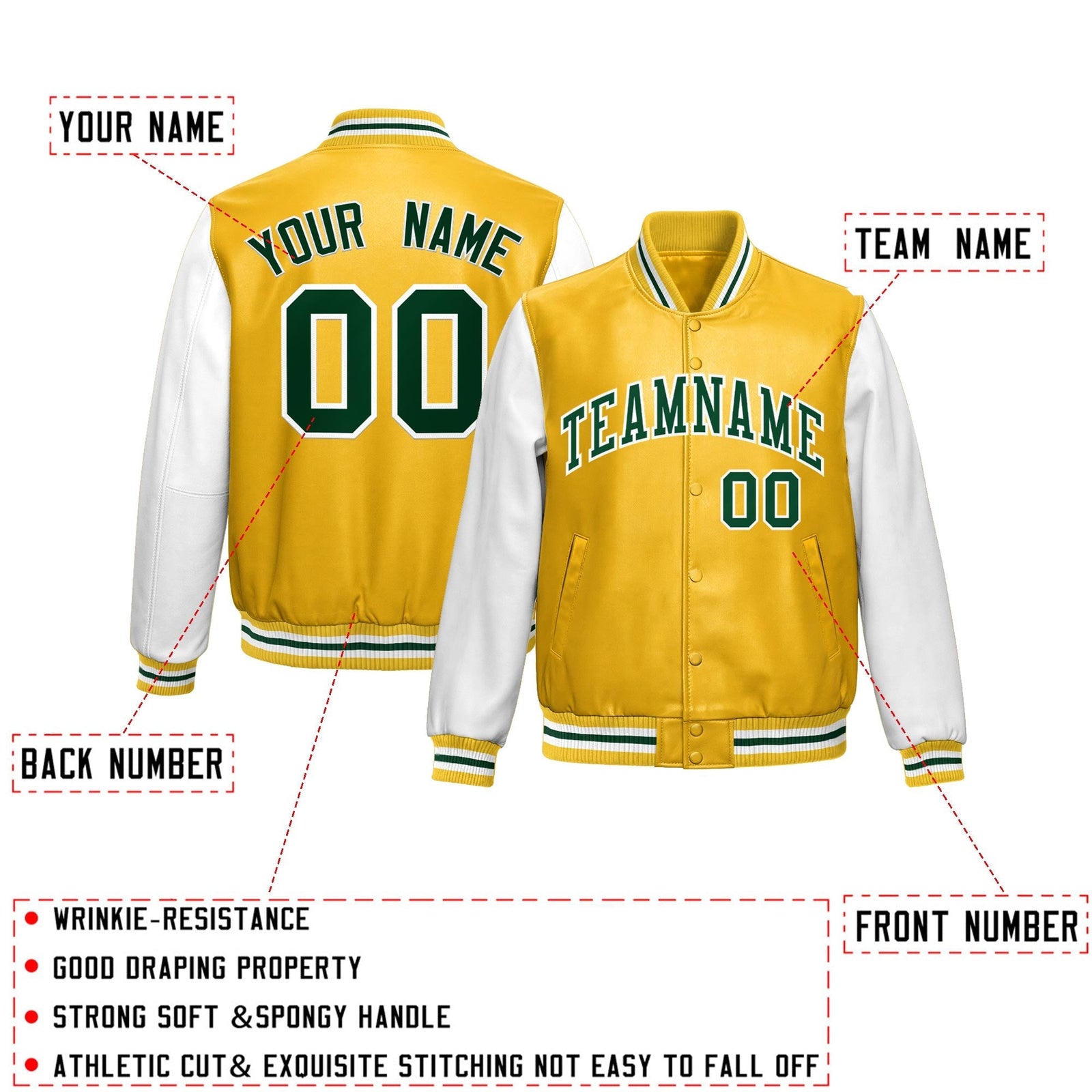 Custom Yellow White Raglan Sleeves Full-Snap Varsity Faux Leather Letterman Jacket