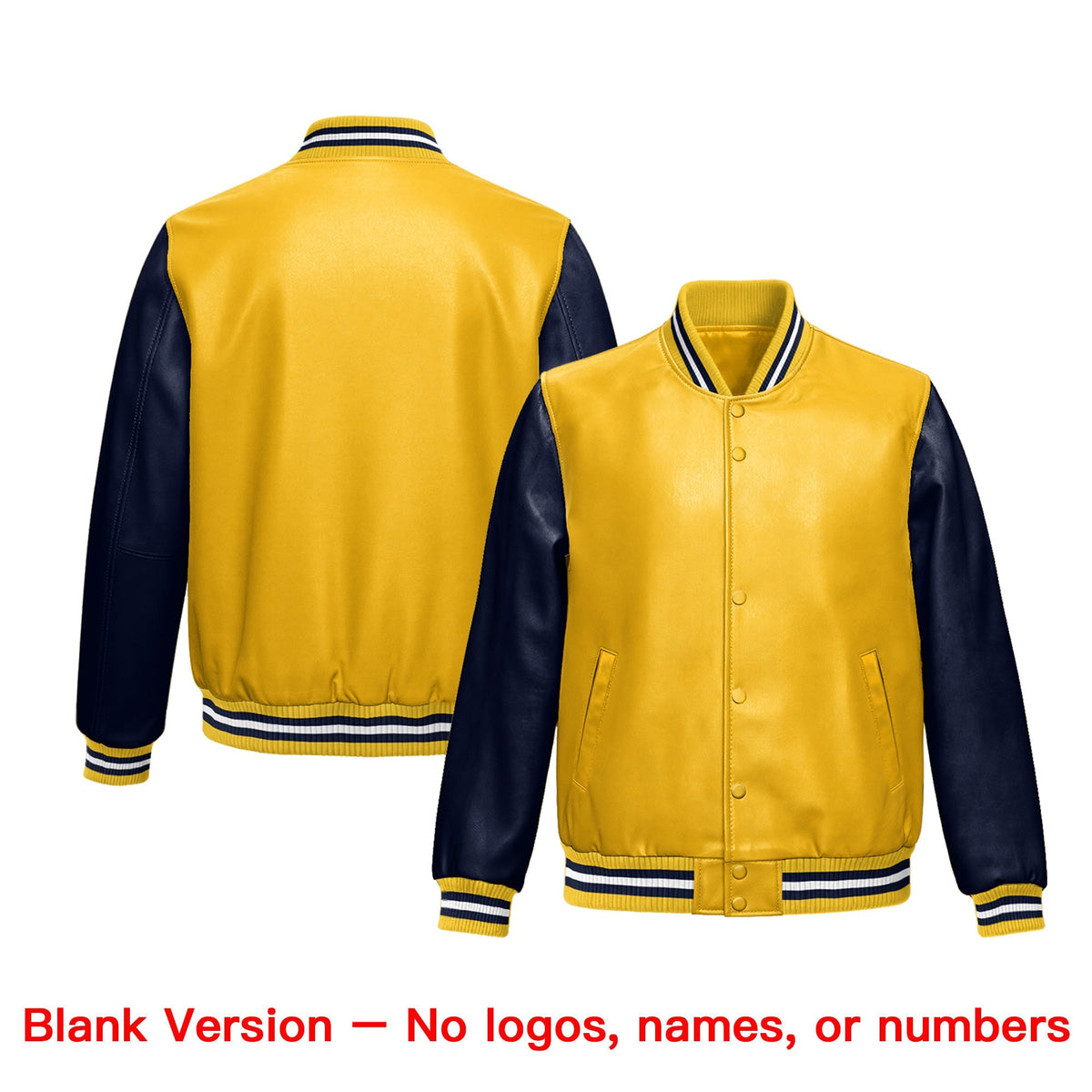 Custom Yellow Navy Raglan Sleeves Full-Snap Varsity Faux Leather Letterman Jacket