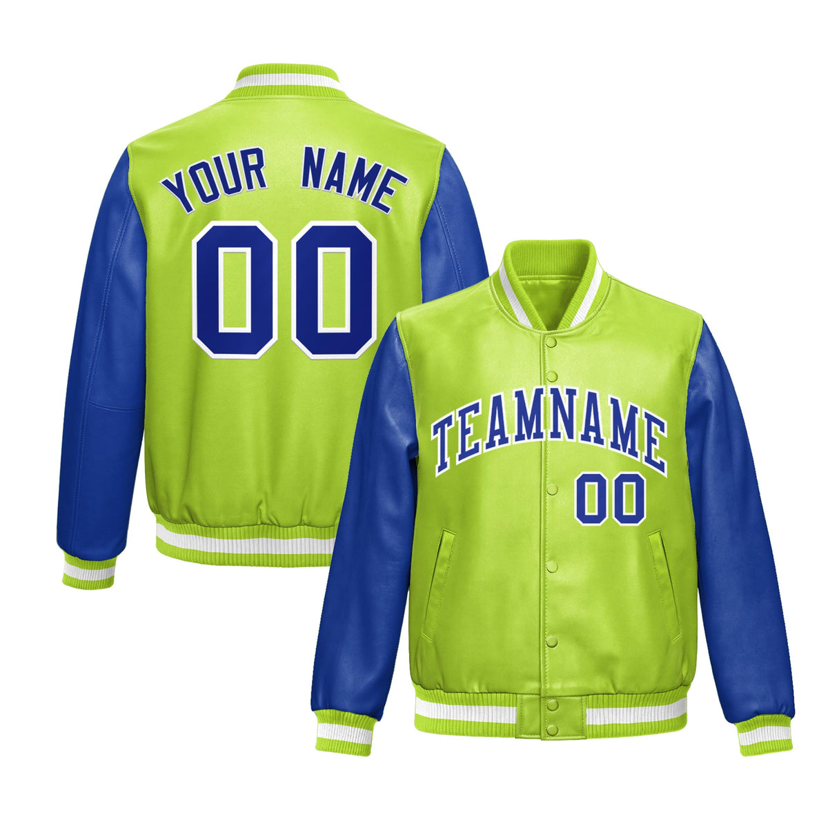 Custom Neon Green Royal Blue Raglan Sleeves Full-Snap Varsity Faux Leather Letterman Jacket