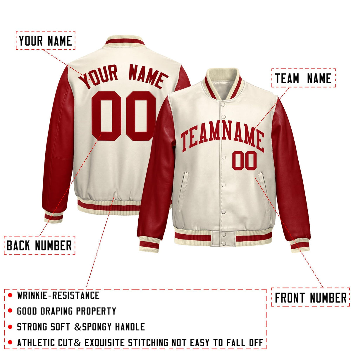 Custom Cream Red Raglan Sleeves Full-Snap Varsity Faux Leather Letterman Jacket