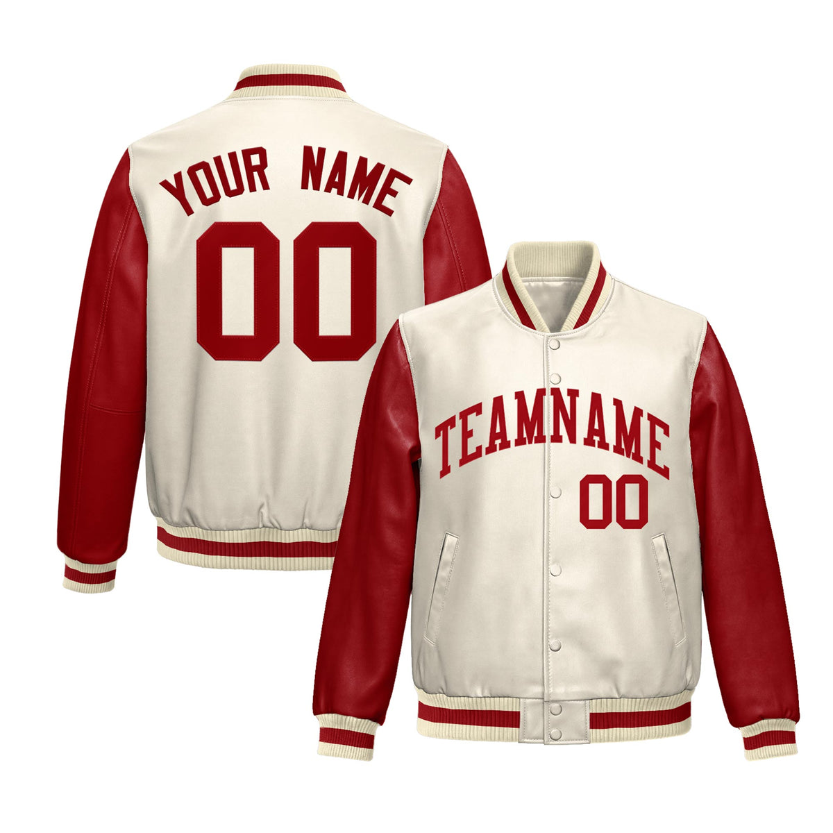 Custom Cream Red Raglan Sleeves Full-Snap Varsity Faux Leather Letterman Jacket