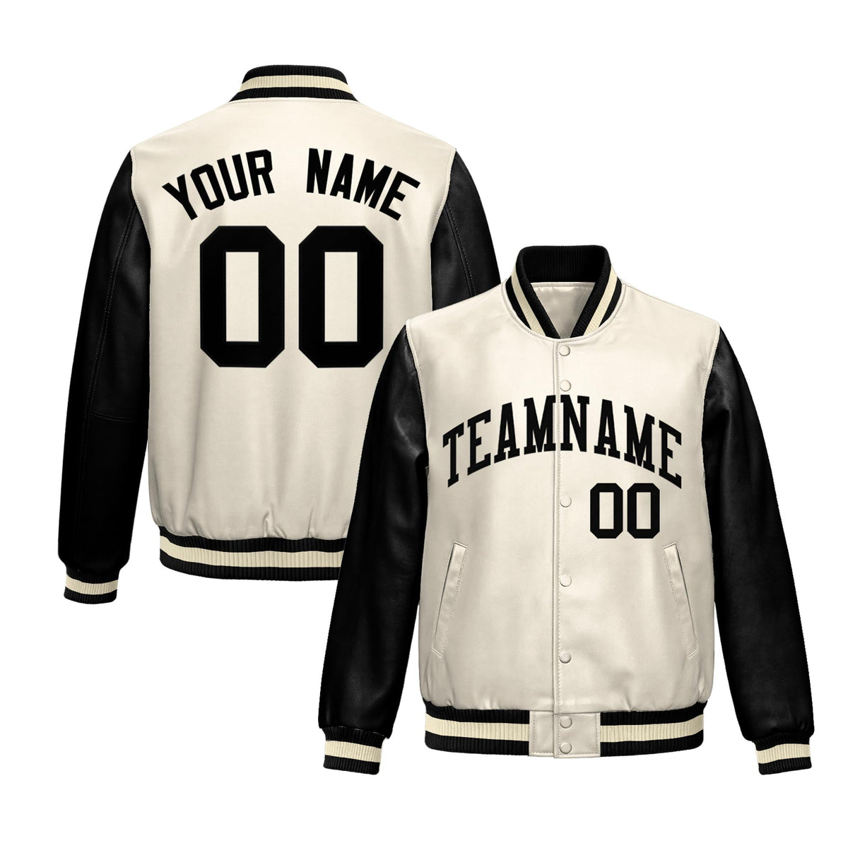 Custom Cream Black Raglan Sleeves Full-Snap Varsity Faux Leather Letterman Jacket