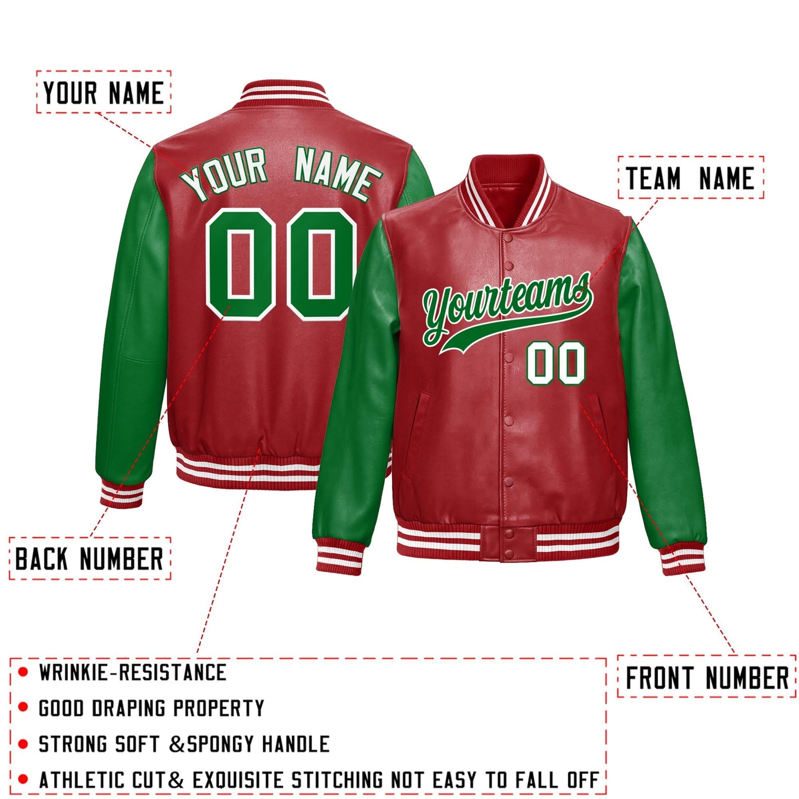 Custom Red Kelly Green Raglan Sleeves Full-Snap Varsity Faux Leather Letterman Jacket