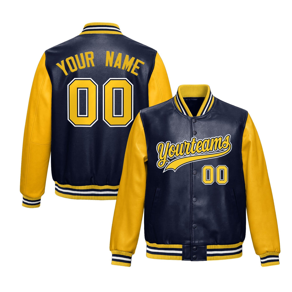 Custom Navy Yellow Raglan Sleeves Full-Snap Varsity Faux Leather Letterman Jacket