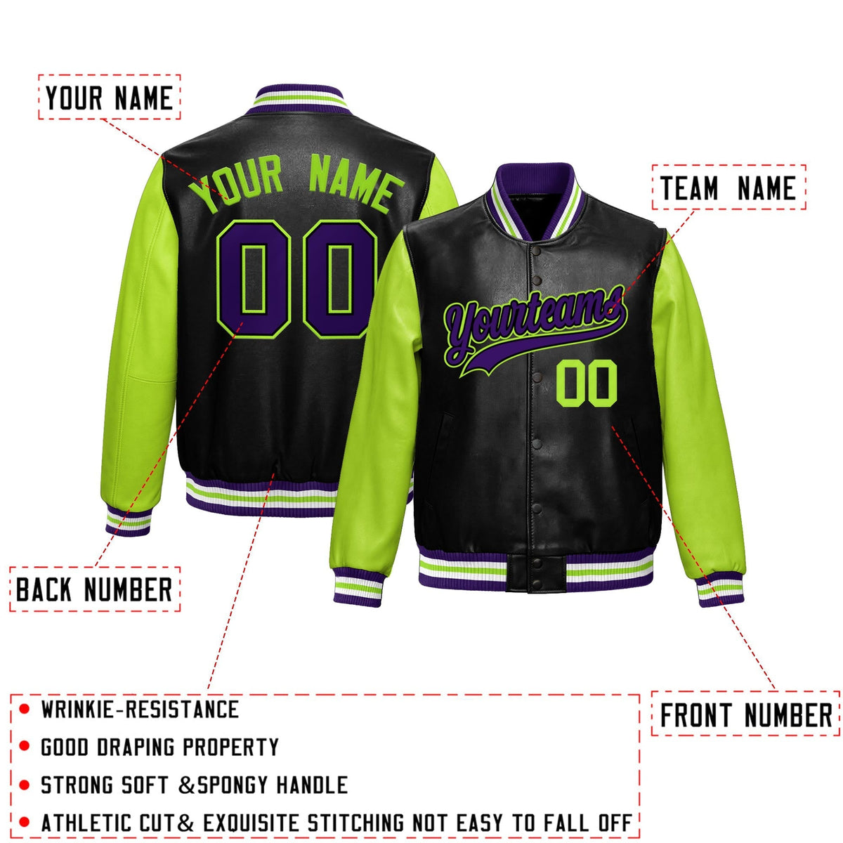 Custom Black Neon Green Raglan Sleeves Full-Snap Varsity Faux Leather Letterman Jacket