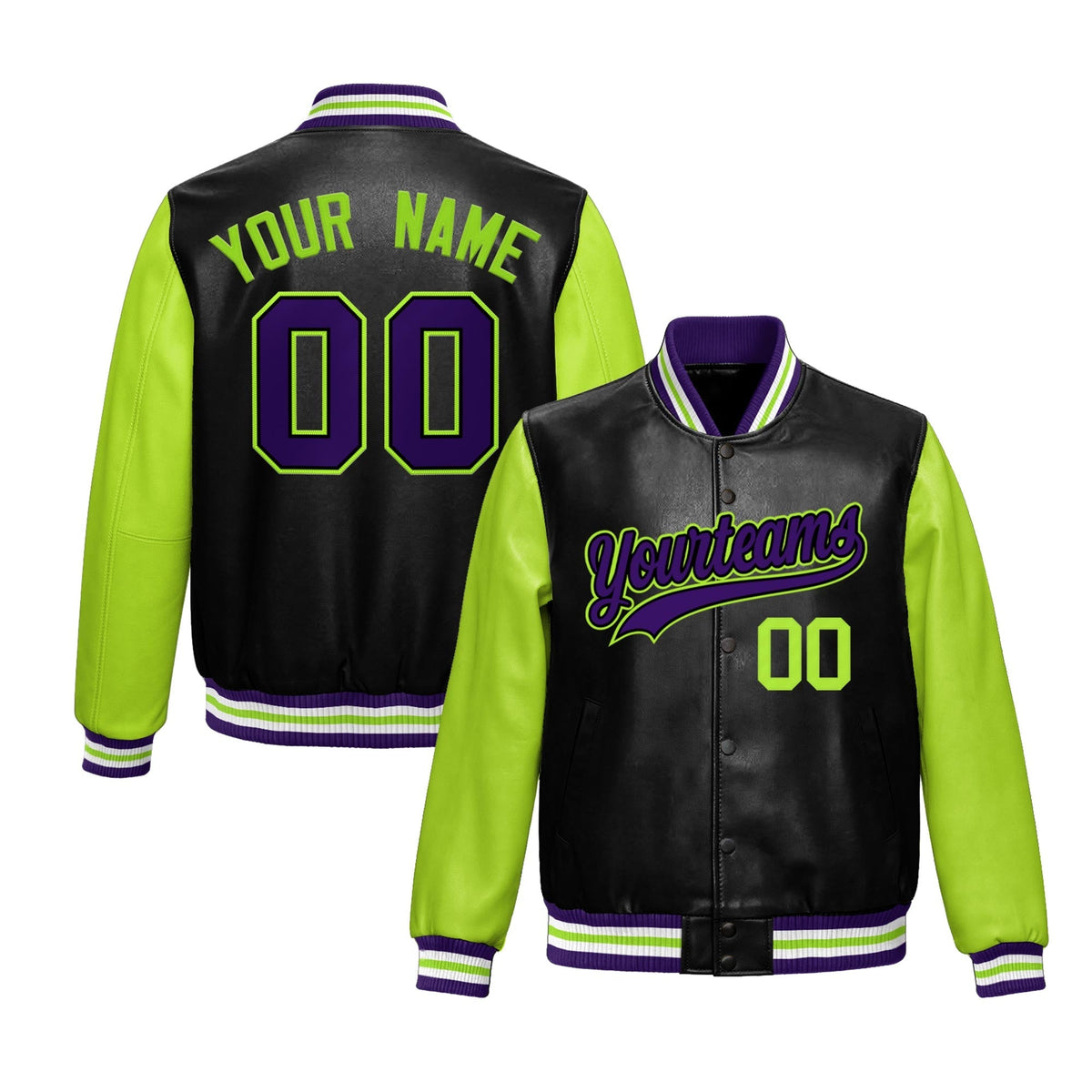 Custom Black Neon Green Raglan Sleeves Full-Snap Varsity Faux Leather Letterman Jacket