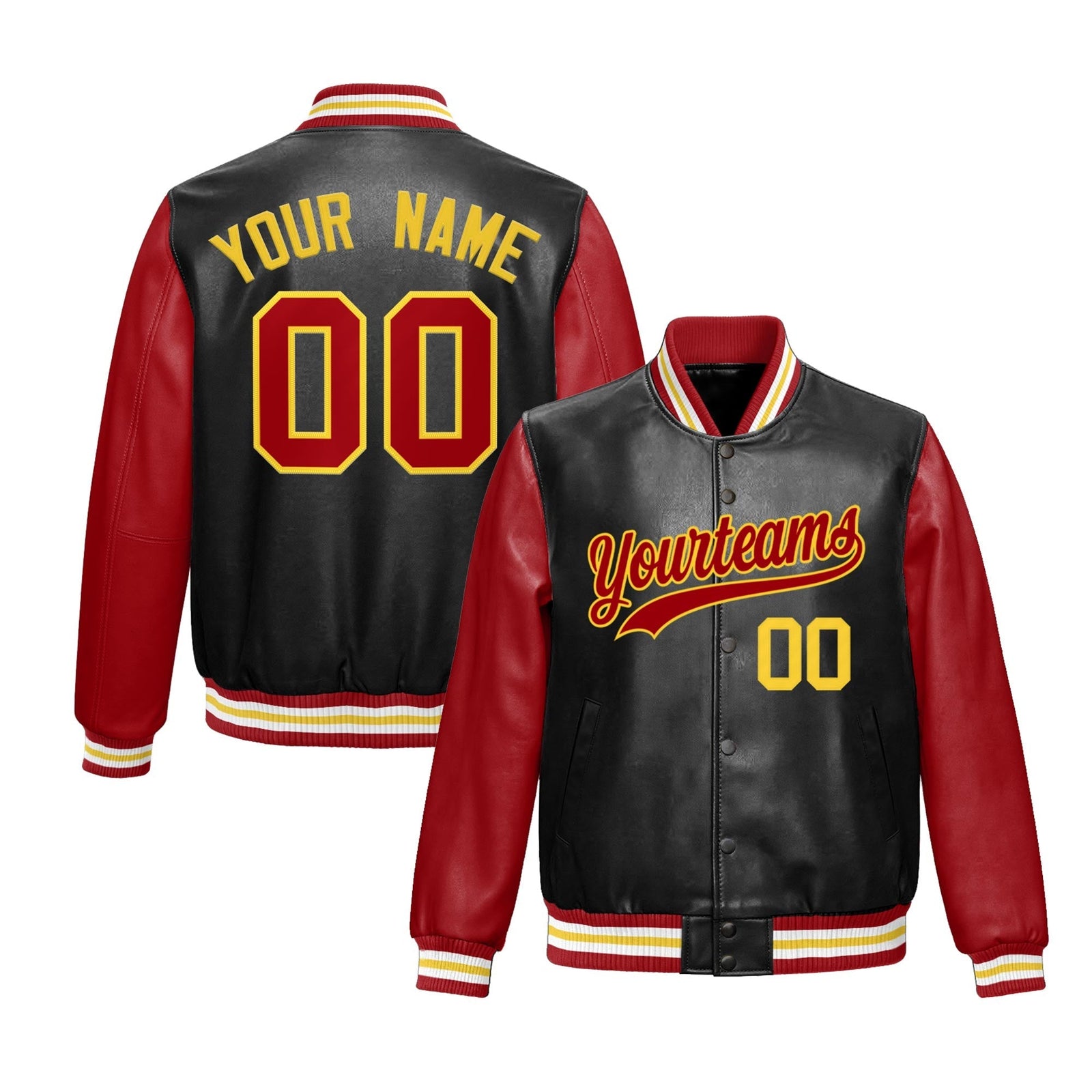 Custom Black Red Gold Raglan Sleeves Full-Snap Varsity Faux Leather Letterman Jacket