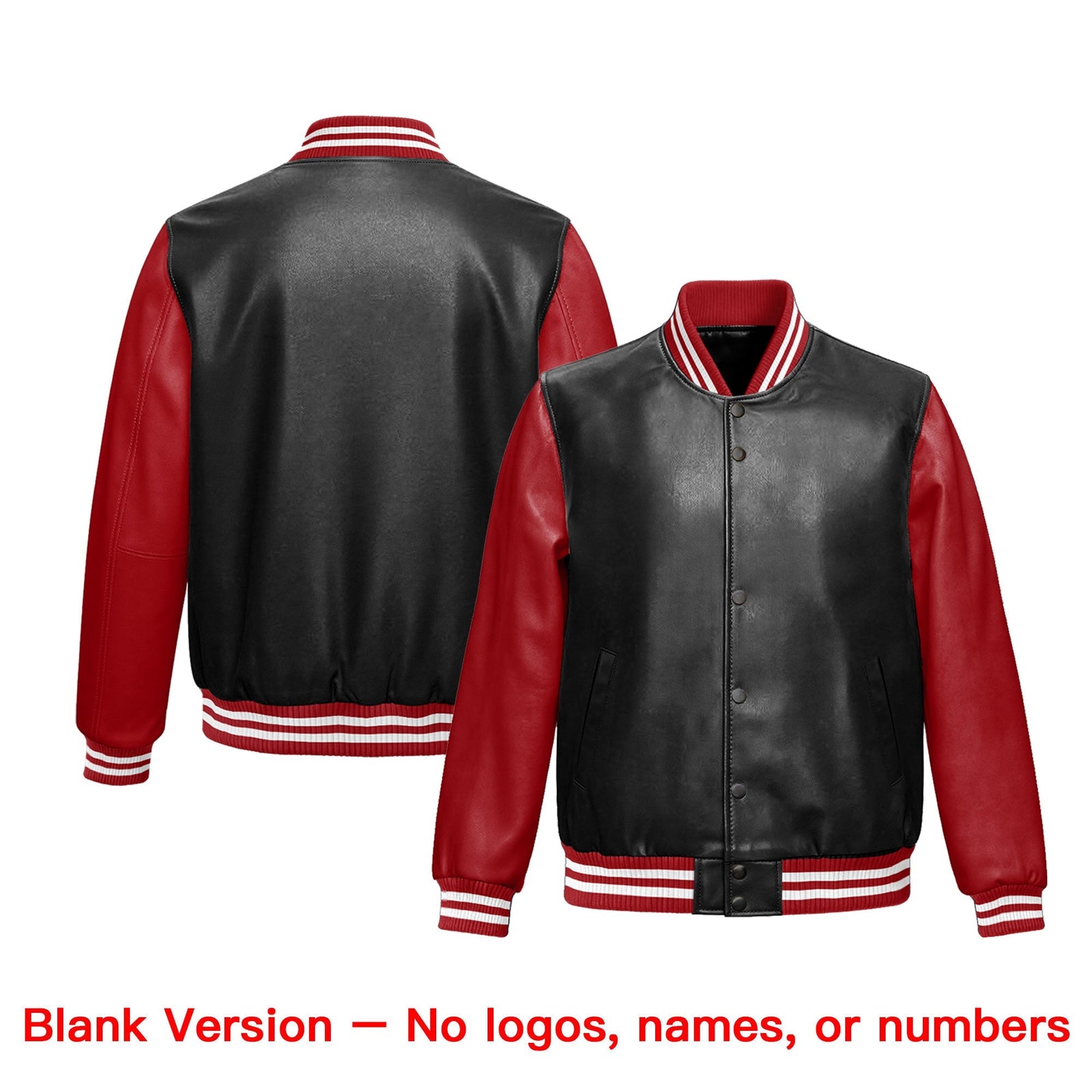 Custom Black Red White Raglan Sleeves Full-Snap Varsity Faux Leather Letterman Jacket