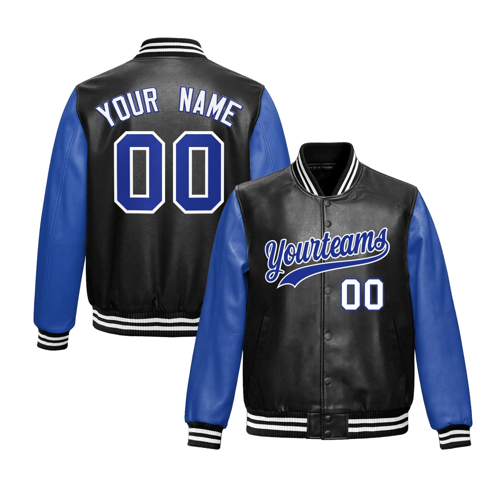 Custom Black Royal Blue Raglan Sleeves Full-Snap Varsity Faux Leather Letterman Jacket