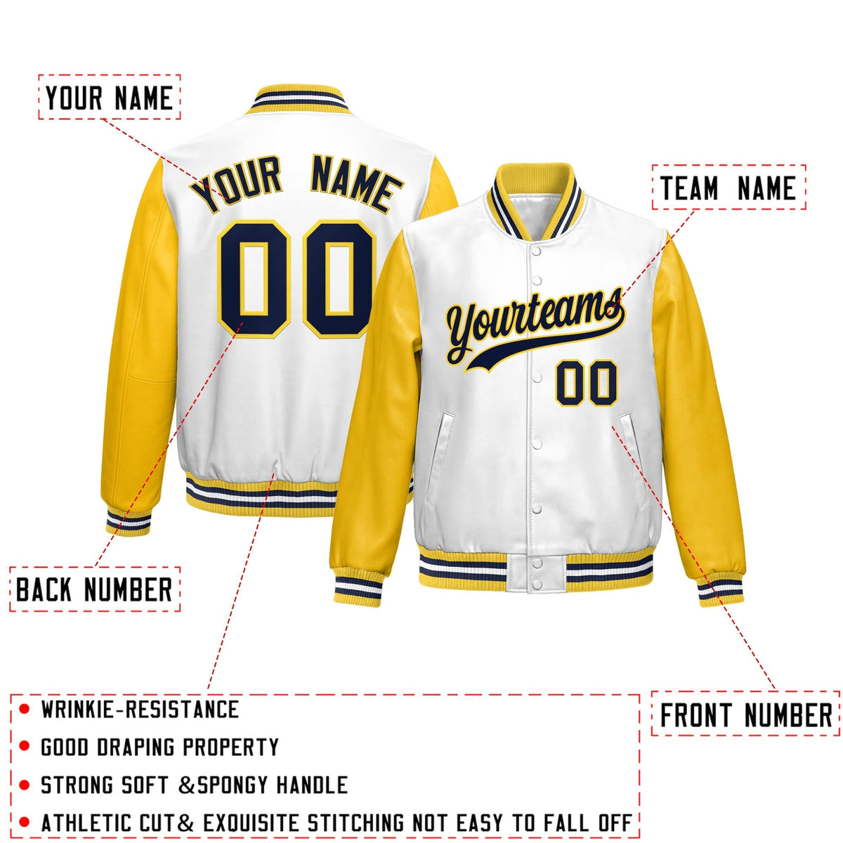 Custom White Yellow Raglan Sleeves Full-Snap Varsity Faux Leather Letterman Jacket