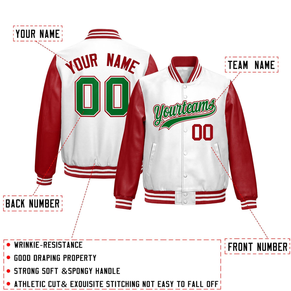 Custom White Red Raglan Sleeves Full-Snap Varsity Faux Leather Letterman Jacket