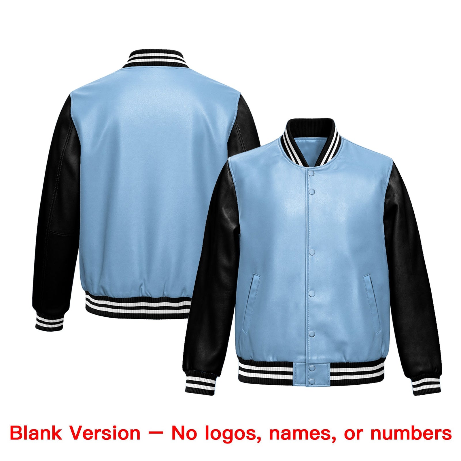 Custom Powder Blue Black Raglan Sleeves Full-Snap Varsity Faux Leather Letterman Jacket
