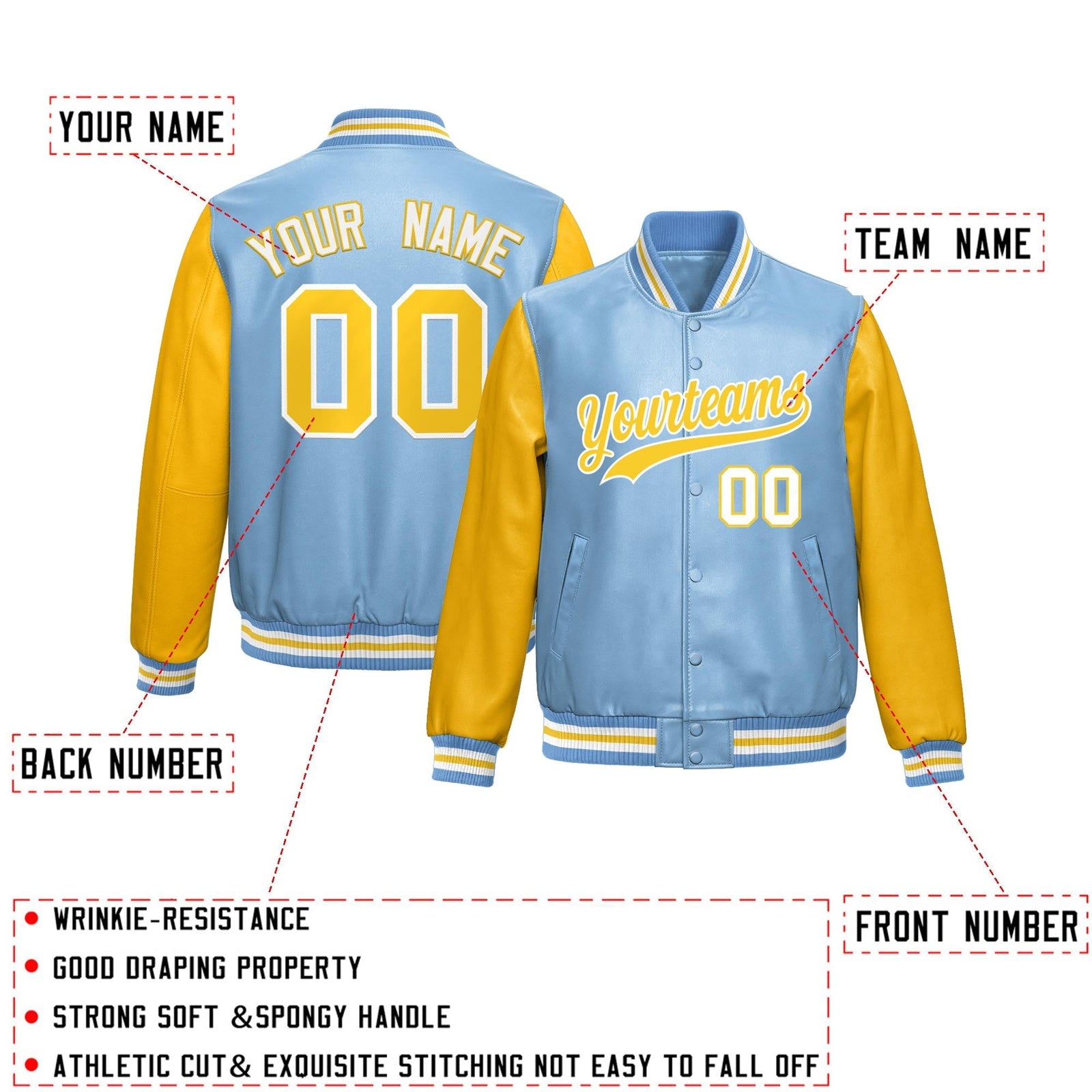 Custom Powder Blue Yellow Raglan Sleeves Full-Snap Varsity Faux Leather Letterman Jacket
