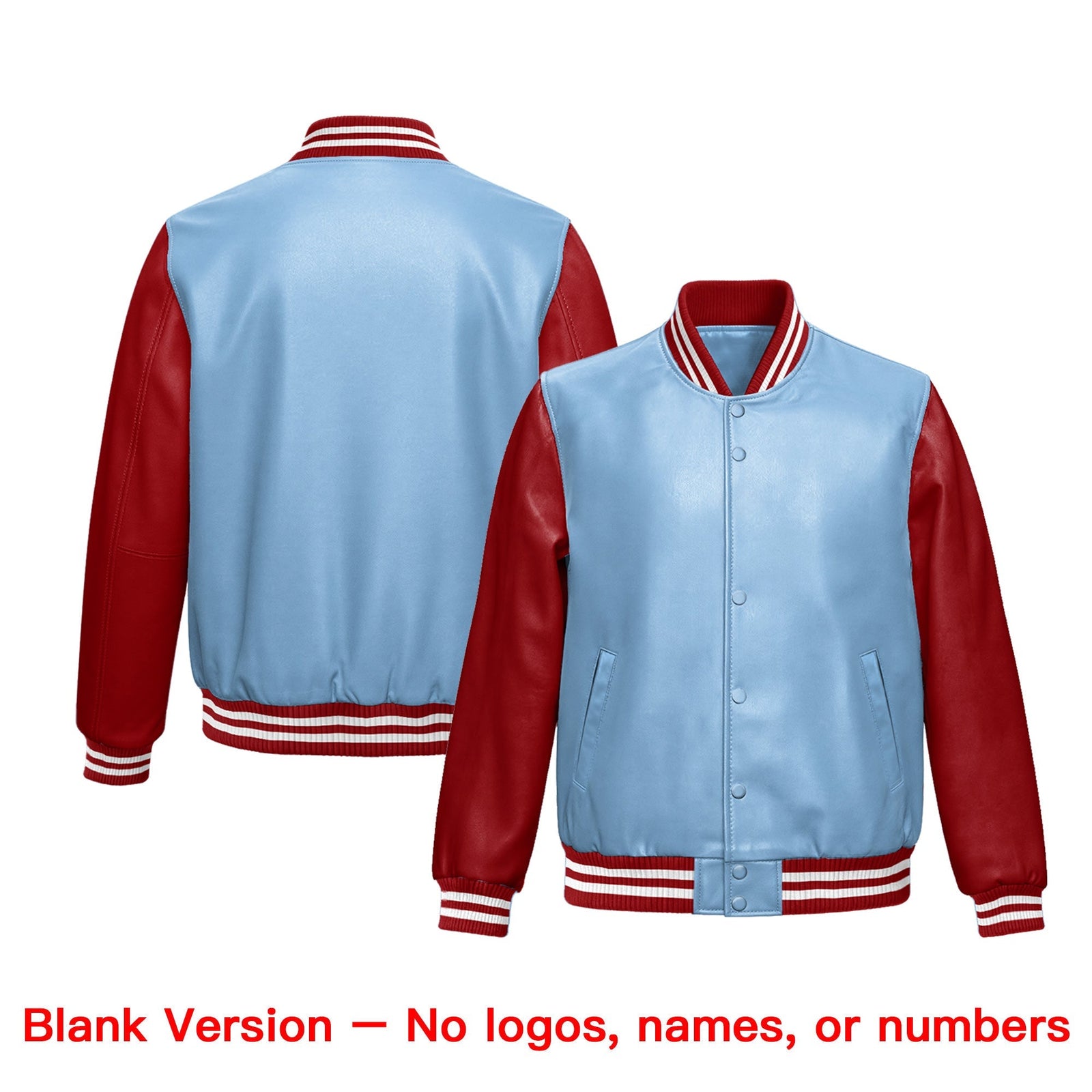 Custom Powder Blue Red Raglan Sleeves Full-Snap Varsity Faux Leather Letterman Jacket