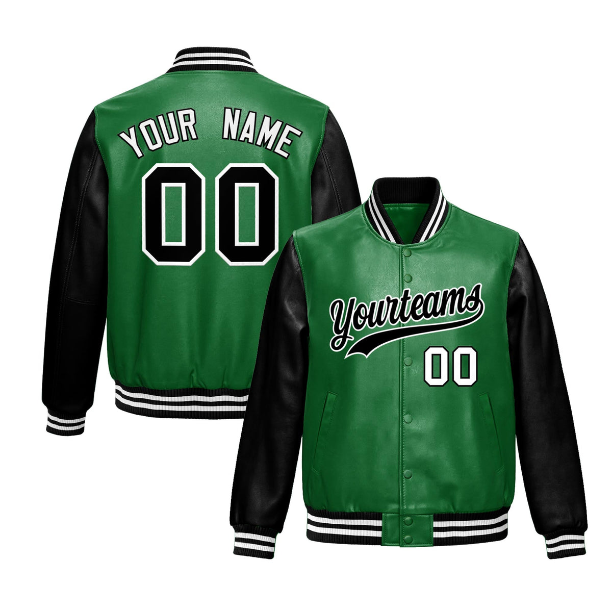 Custom Kelly Green Black Raglan Sleeves Full-Snap Varsity Faux Leather Letterman Jacket
