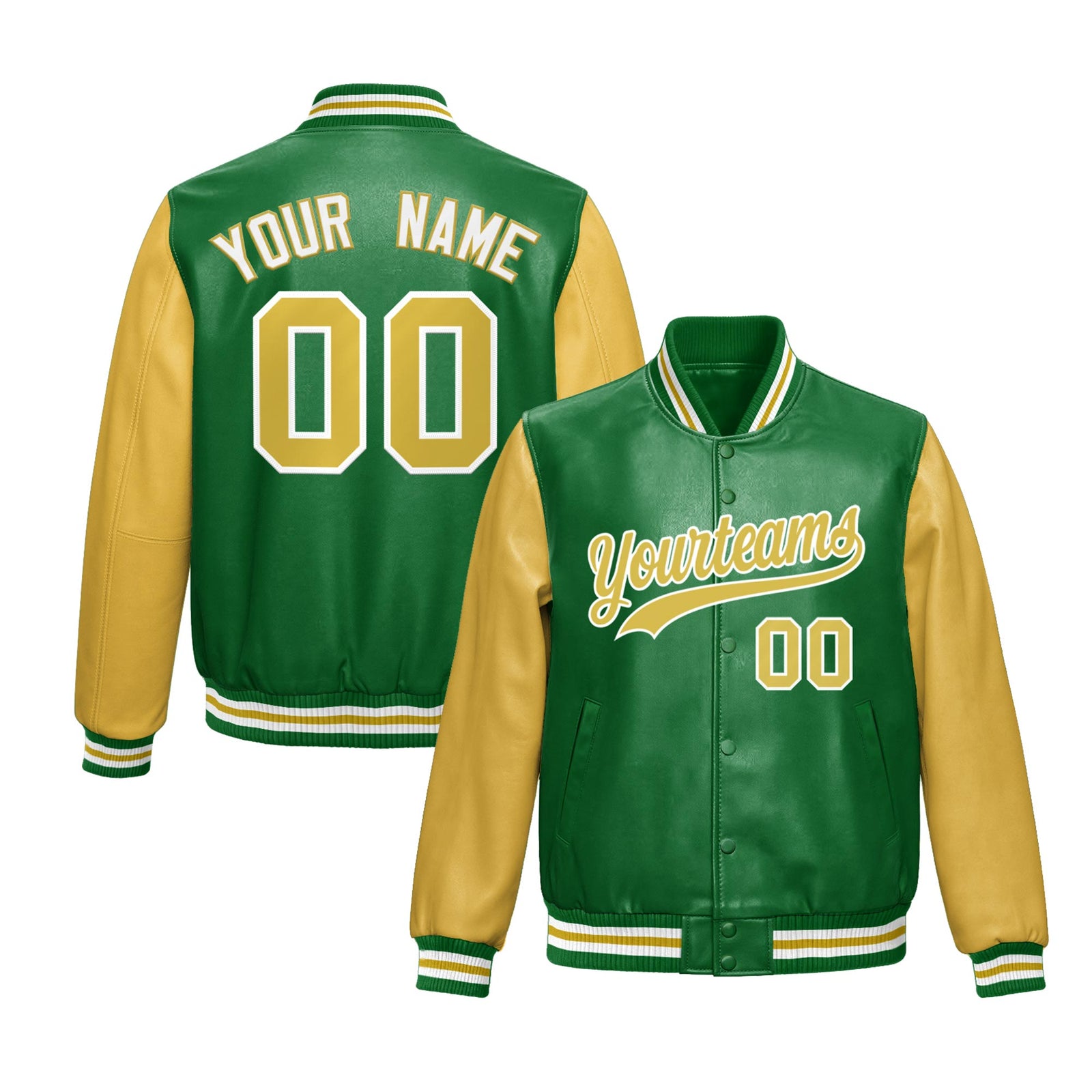 Custom Kelly Green Khaki Raglan Sleeves Full-Snap Varsity Faux Leather Letterman Jacket
