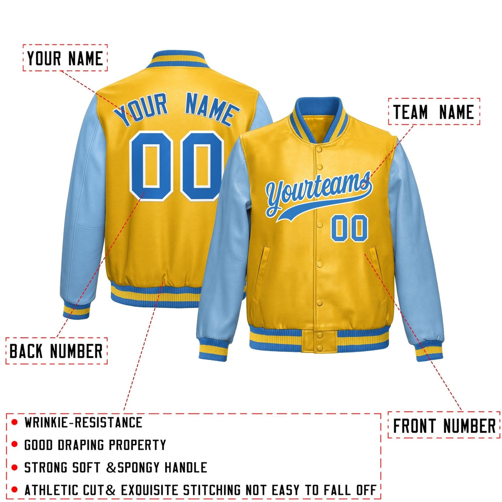 Custom Yellow Powder Blue Raglan Sleeves Full-Snap Varsity Faux Leather Letterman Jacket