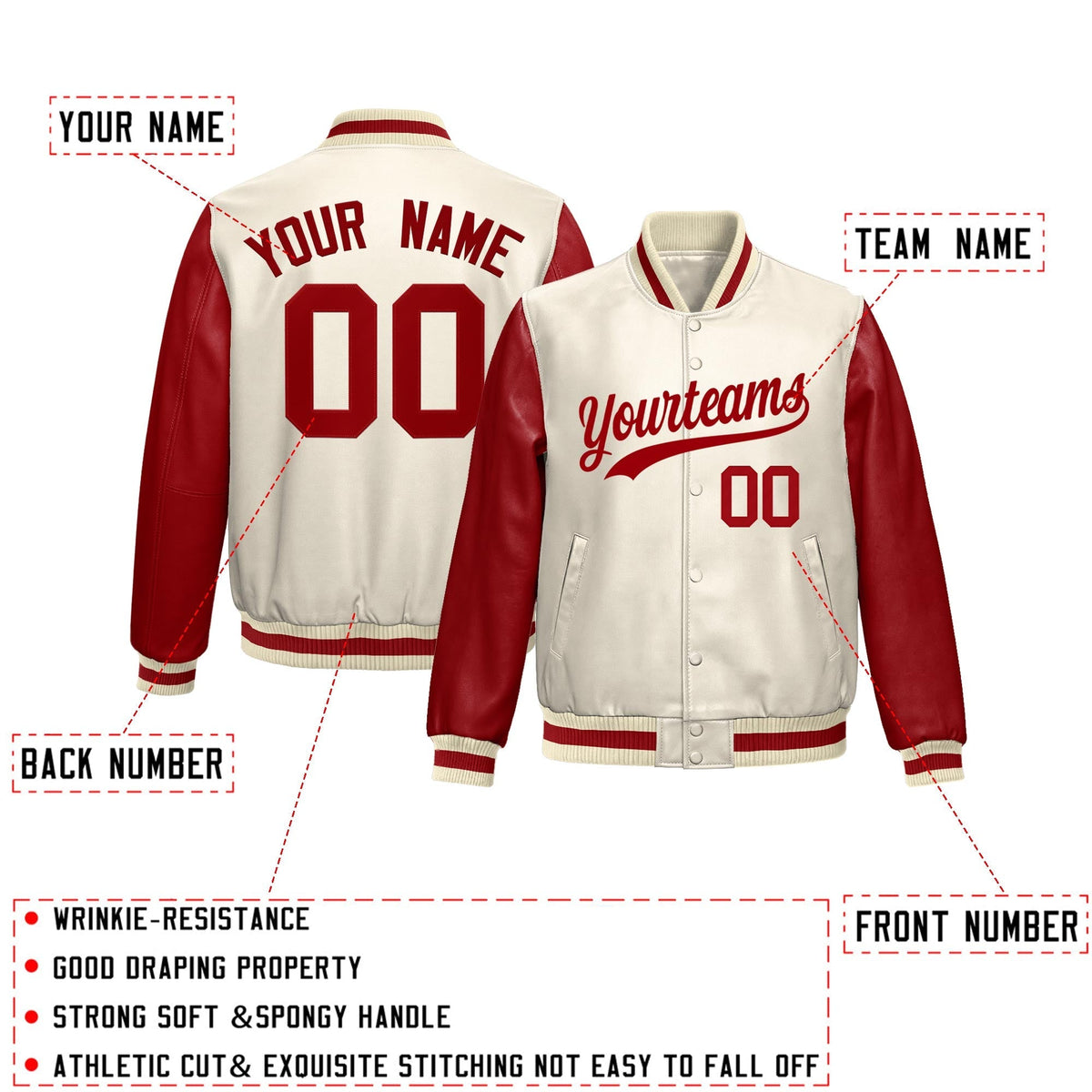 Custom Cream Red Raglan Sleeves Full-Snap Varsity Faux Leather Letterman Jacket
