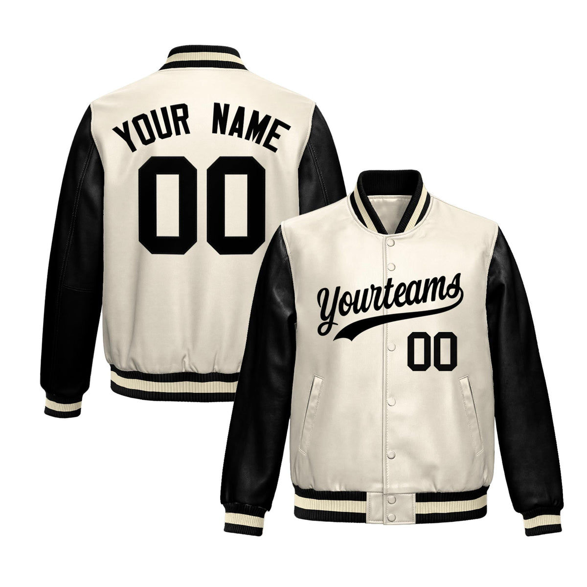 Custom Cream Black Raglan Sleeves Full-Snap Varsity Faux Leather Letterman Jacket