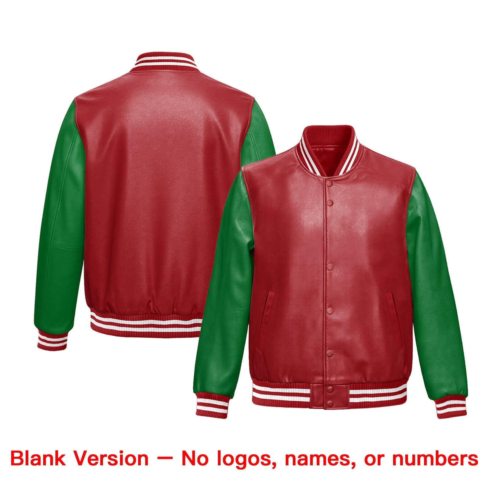 Custom Red Kelly Green Raglan Sleeves Full-Snap Varsity Faux Leather Letterman Jacket