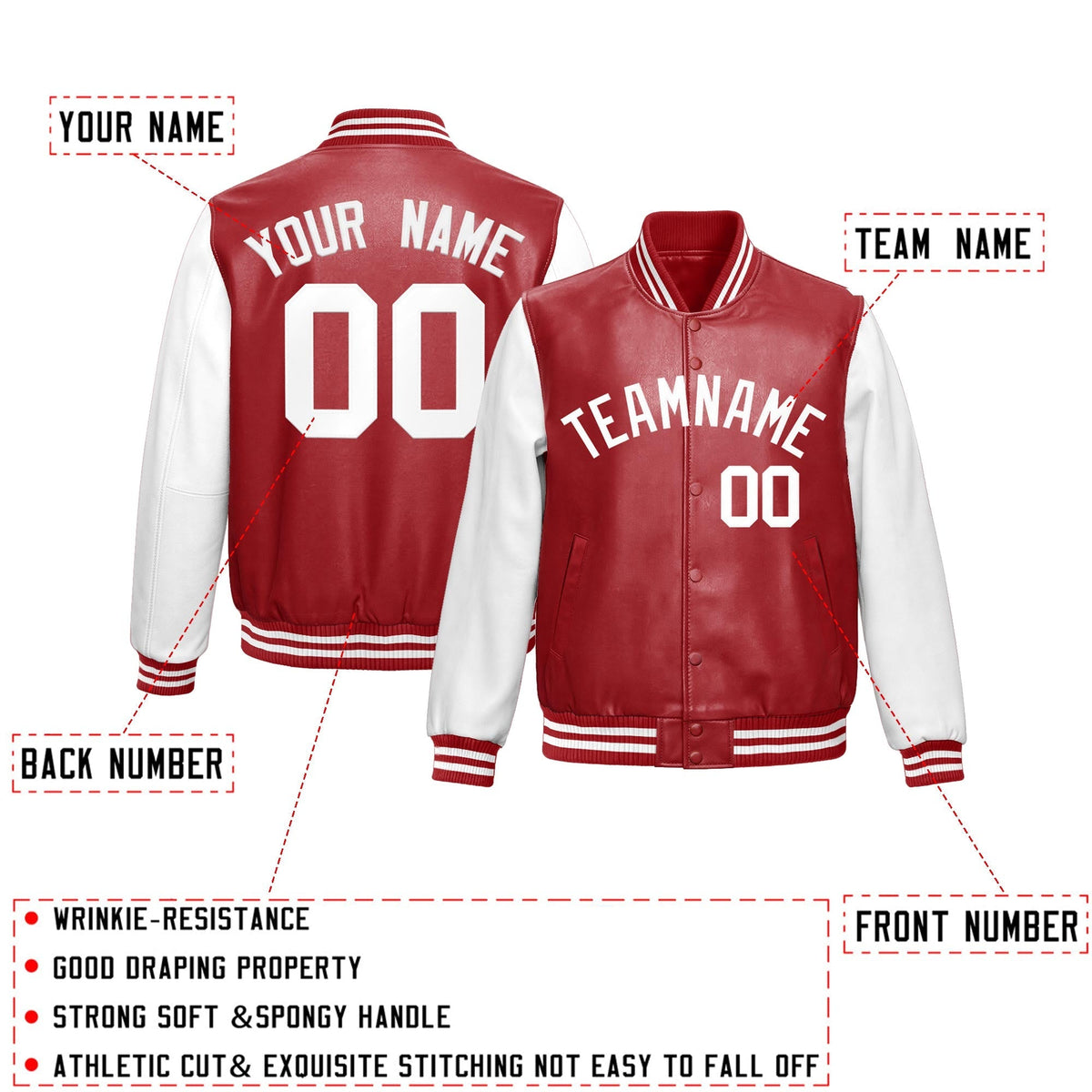 Custom Red White Raglan Sleeves Full-Snap Varsity Faux Leather Letterman Jacket
