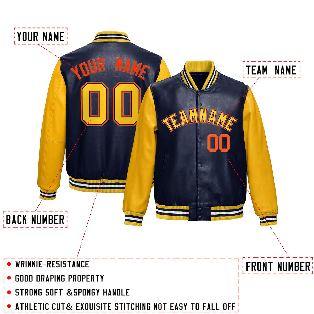 Custom Navy Yellow Raglan Sleeves Full-Snap Varsity Faux Leather Letterman Jacket