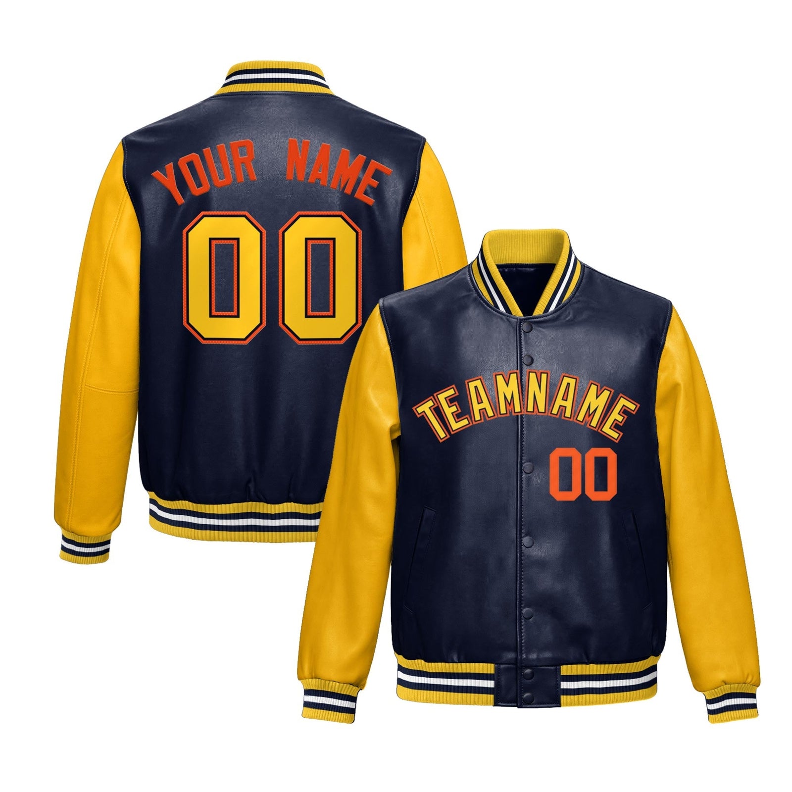 Custom Navy Yellow Raglan Sleeves Full-Snap Varsity Faux Leather Letterman Jacket