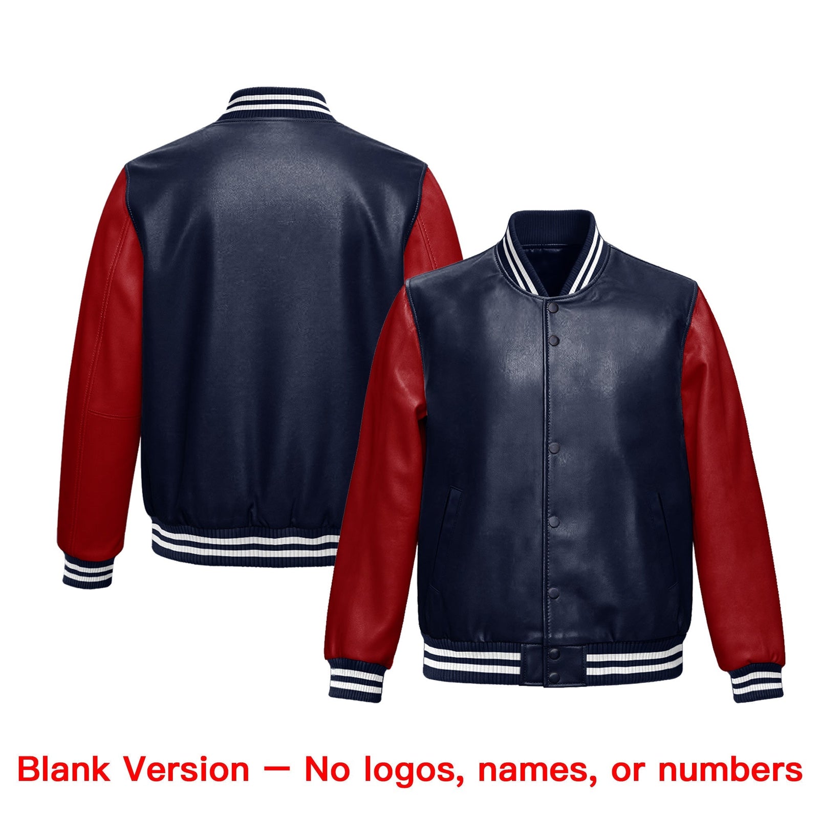 Custom Navy Red Raglan Sleeves Full-Snap Varsity Faux Leather Letterman Jacket