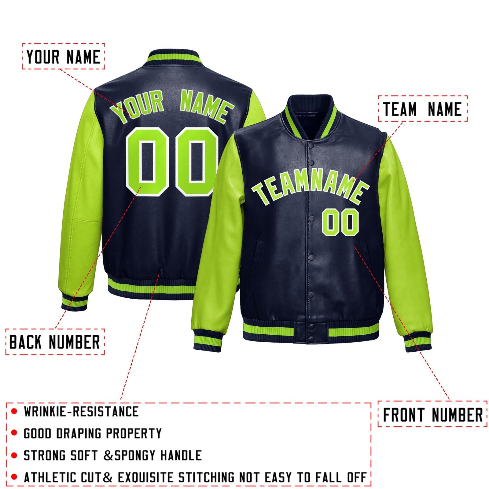 Custom Navy Neon Green Raglan Sleeves Full-Snap Varsity Faux Leather Letterman Jacket