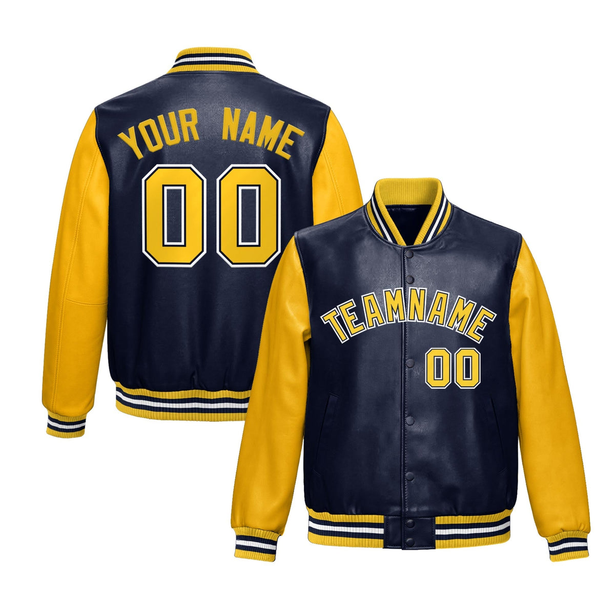 Custom Navy Yellow Raglan Sleeves Full-Snap Varsity Faux Leather Letterman Jacket