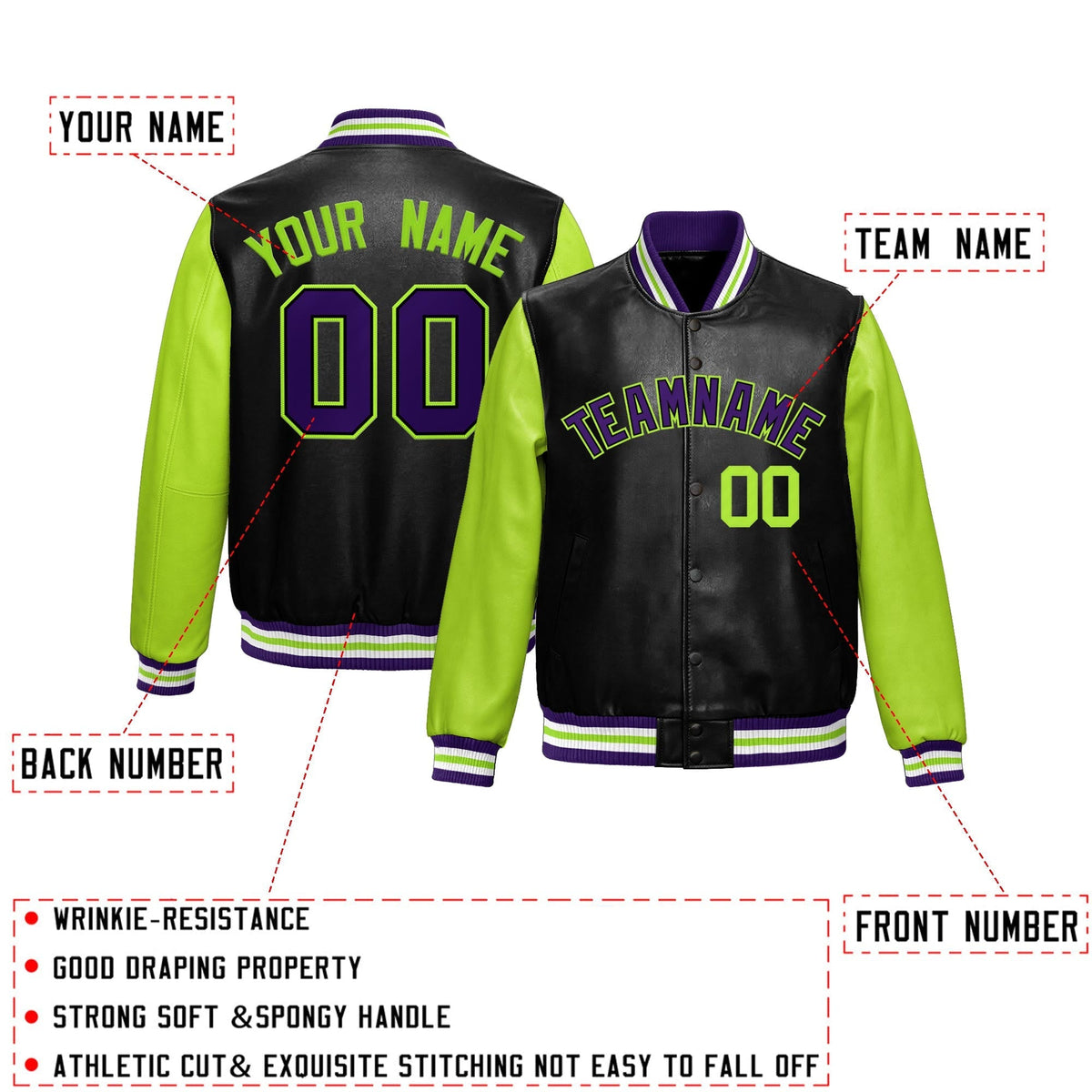 Custom Black Neon Green Raglan Sleeves Full-Snap Varsity Faux Leather Letterman Jacket