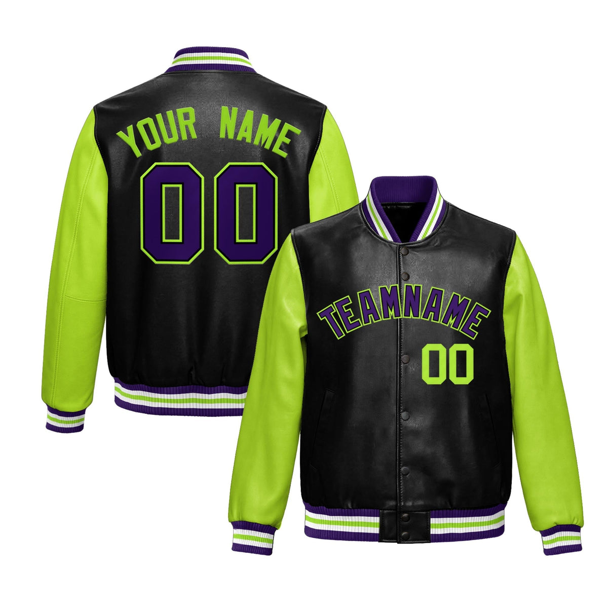 Custom Black Neon Green Raglan Sleeves Full-Snap Varsity Faux Leather Letterman Jacket