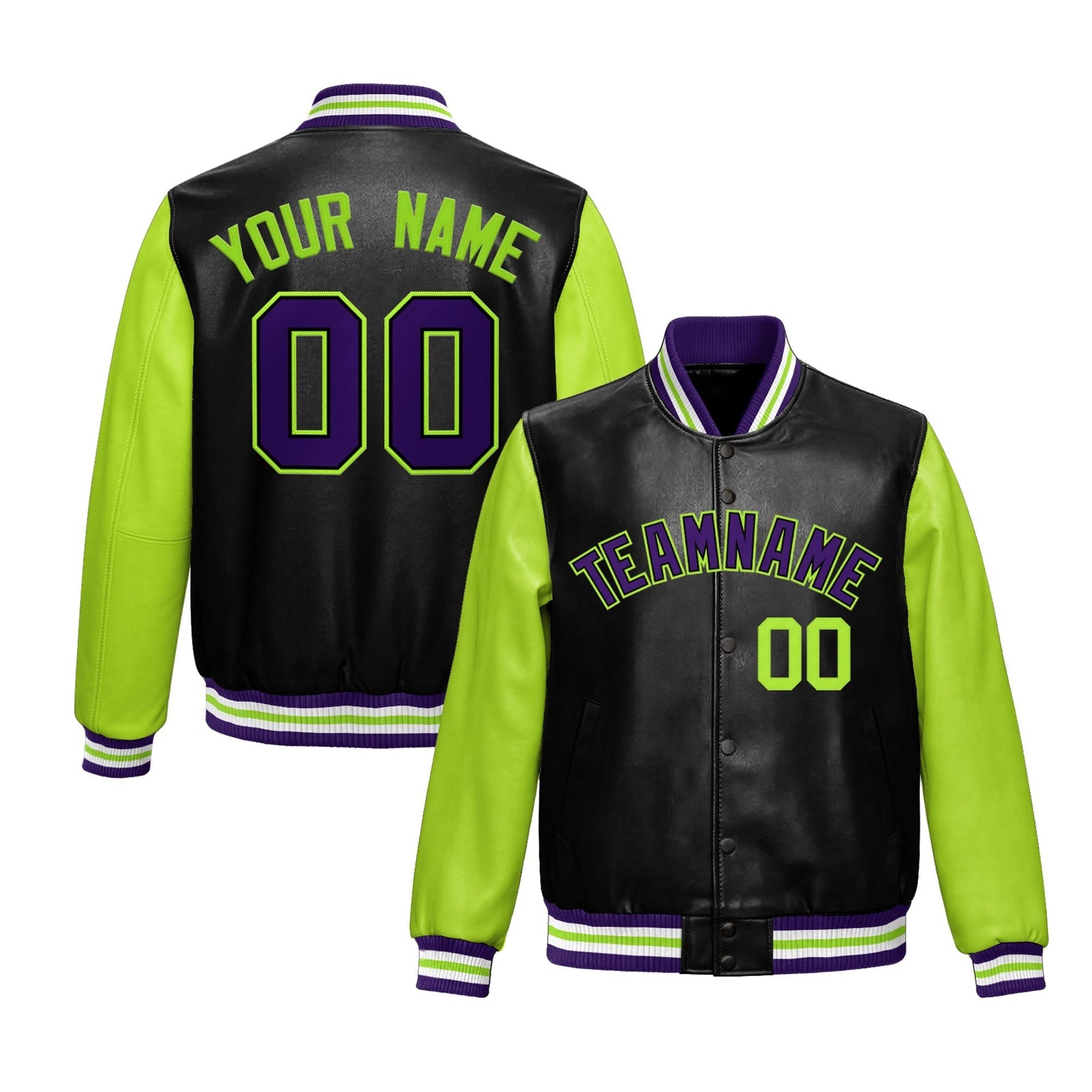 Custom Black Neon Green Raglan Sleeves Full-Snap Varsity Faux Leather Letterman Jacket
