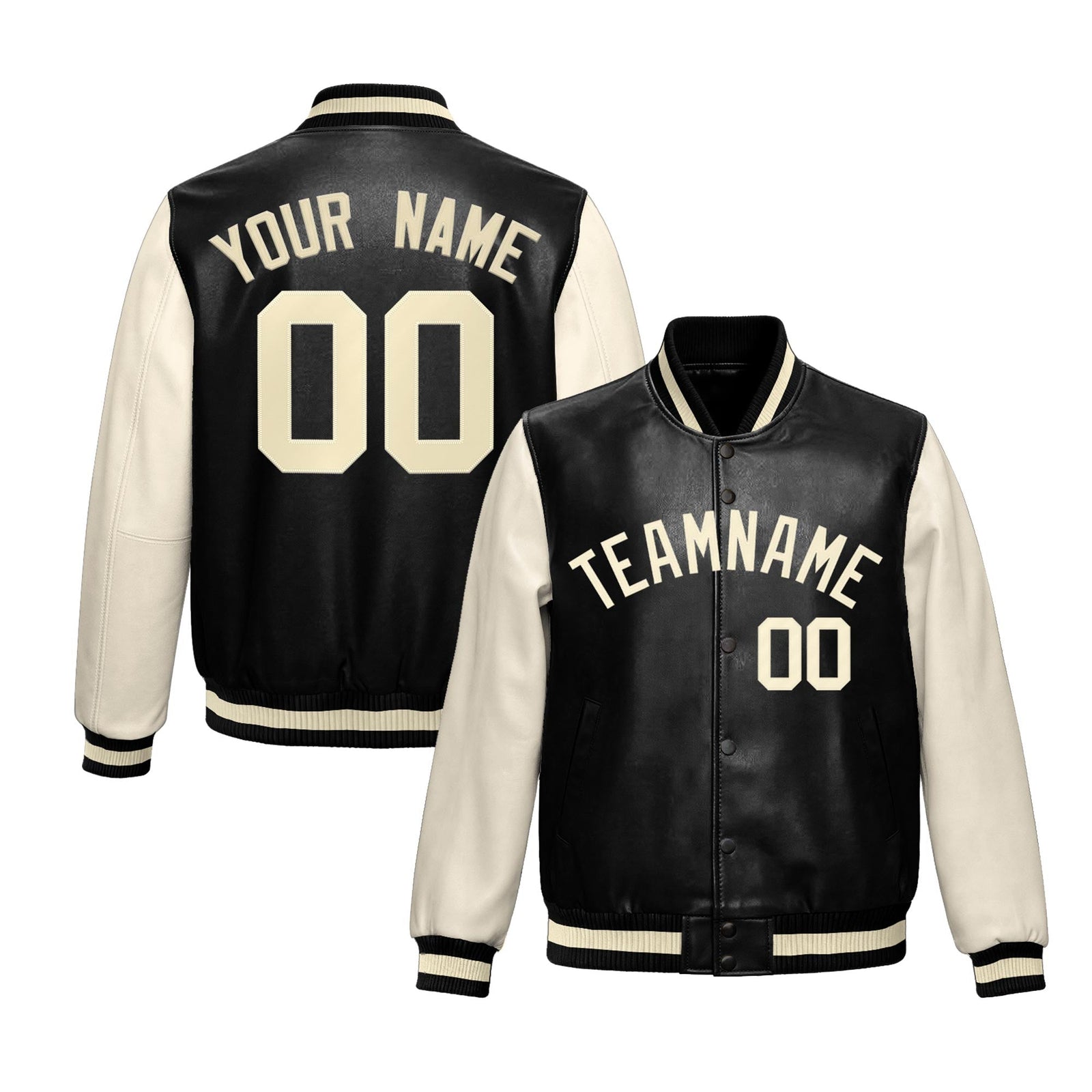 Custom Black Cream Raglan Sleeves Full-Snap Varsity Faux Leather Letterman Jacket