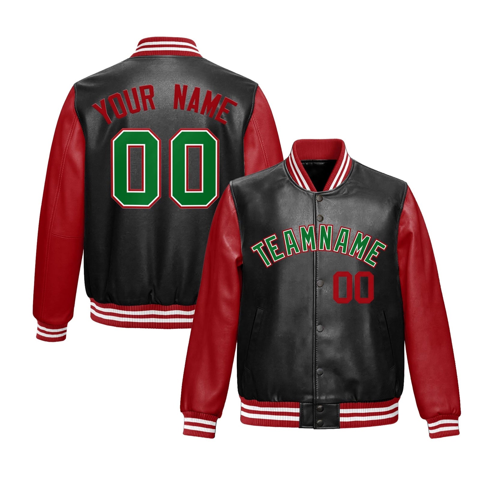 Custom Black Red Kelly Green Raglan Sleeves Full-Snap Varsity Faux Leather Letterman Jacket