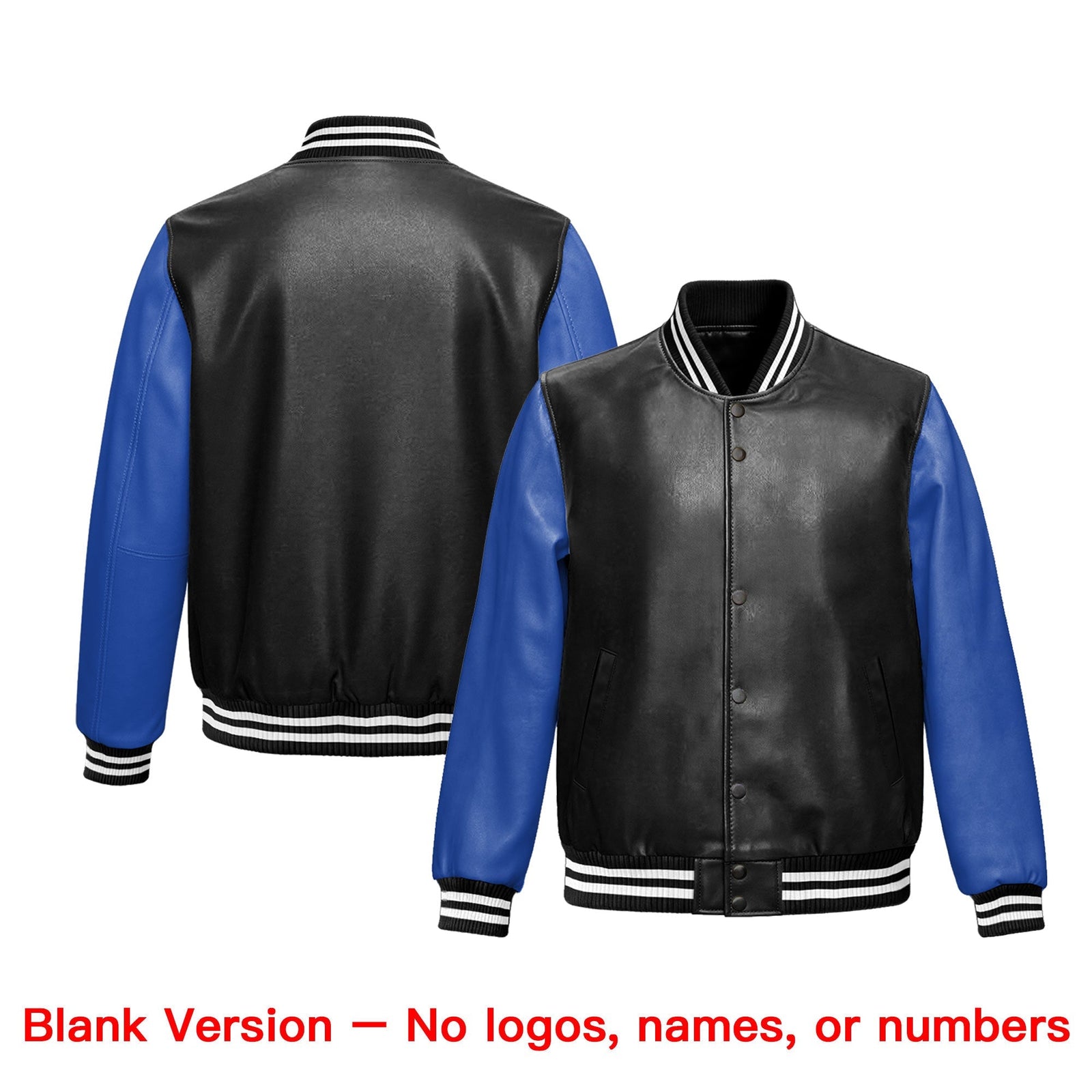 Custom Black Royal Blue Raglan Sleeves Full-Snap Varsity Faux Leather Letterman Jacket