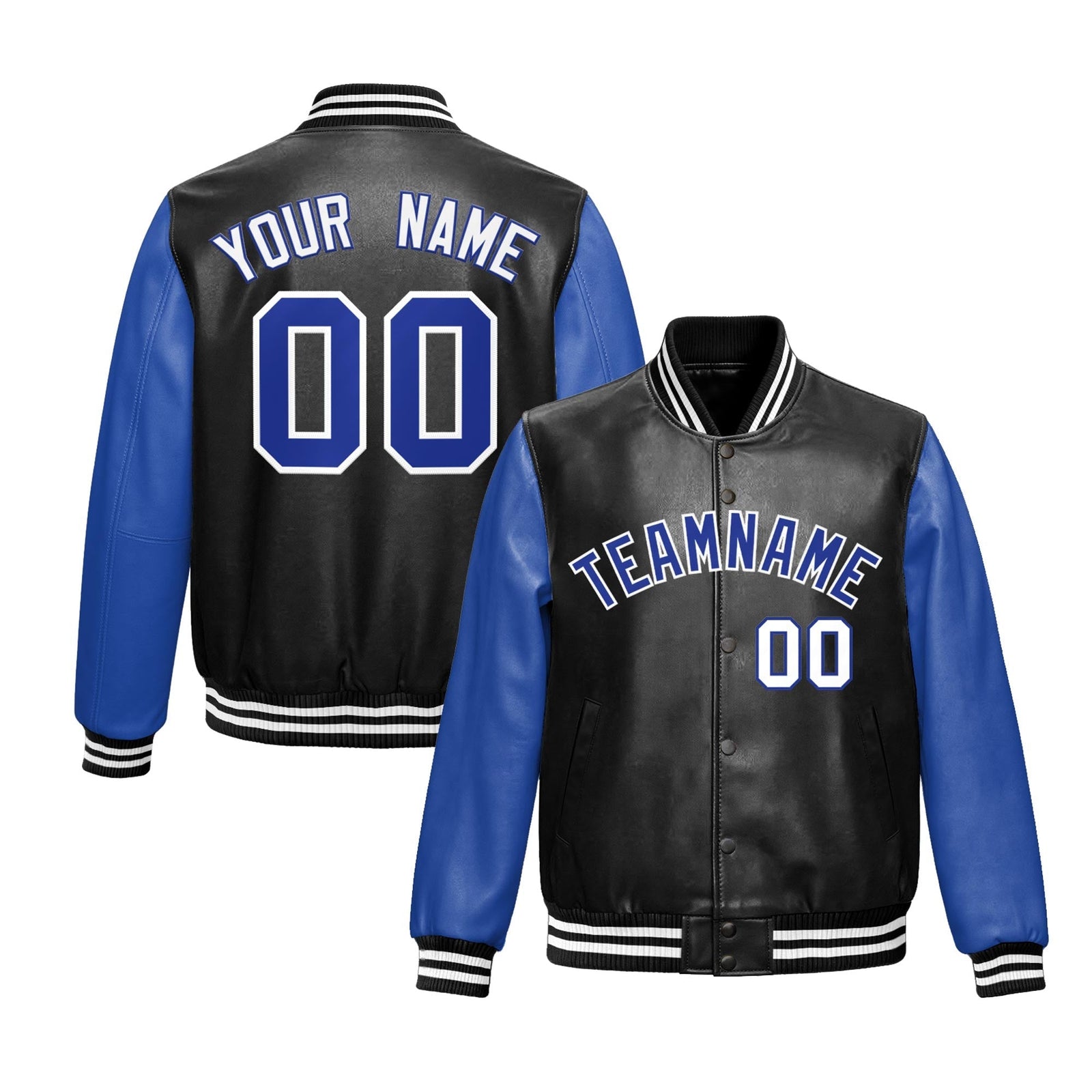 Custom Black Royal Blue Raglan Sleeves Full-Snap Varsity Faux Leather Letterman Jacket