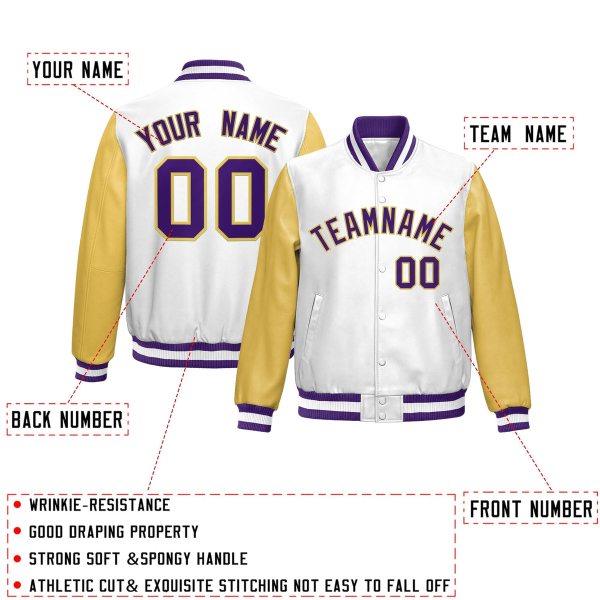 Custom White Khaki Raglan Sleeves Full-Snap Varsity Faux Leather Letterman Jacket