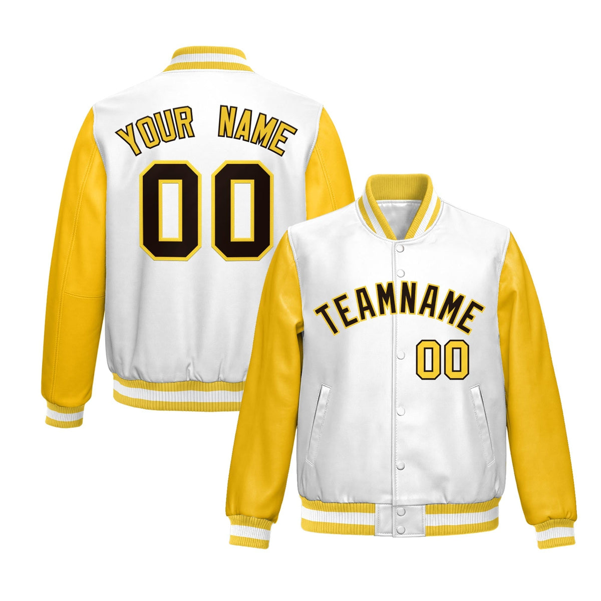 Custom White Yellow Raglan Sleeves Full-Snap Varsity Faux Leather Letterman Jacket