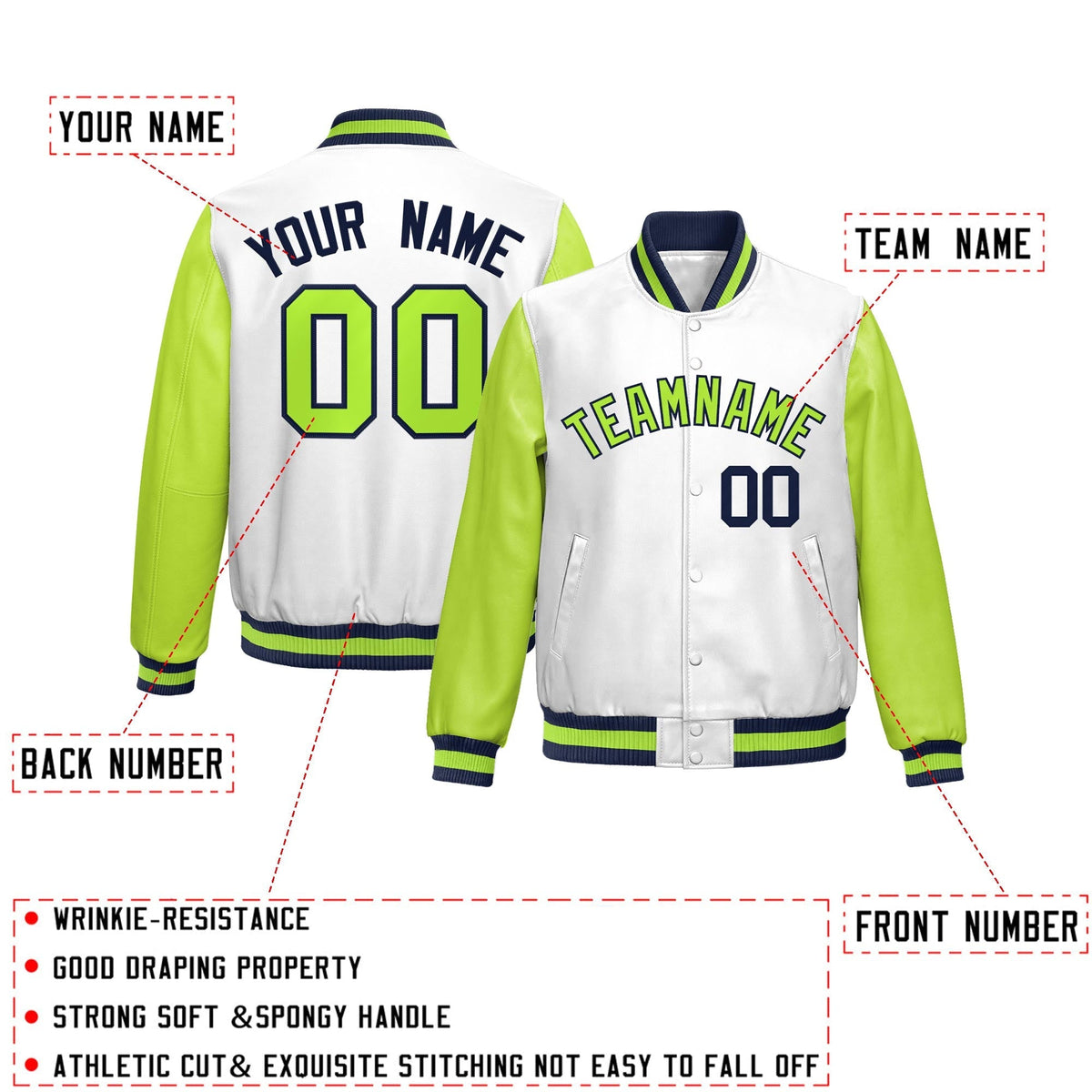 Custom White Neon Green Raglan Sleeves Full-Snap Varsity Faux Leather Letterman Jacket