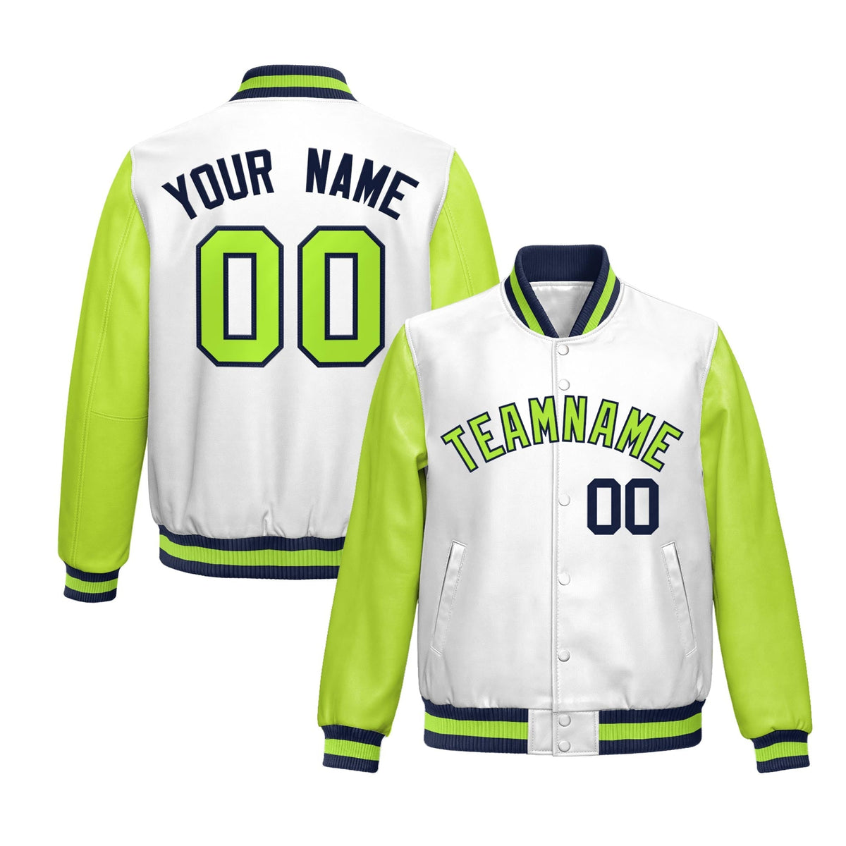 Custom White Neon Green Raglan Sleeves Full-Snap Varsity Faux Leather Letterman Jacket